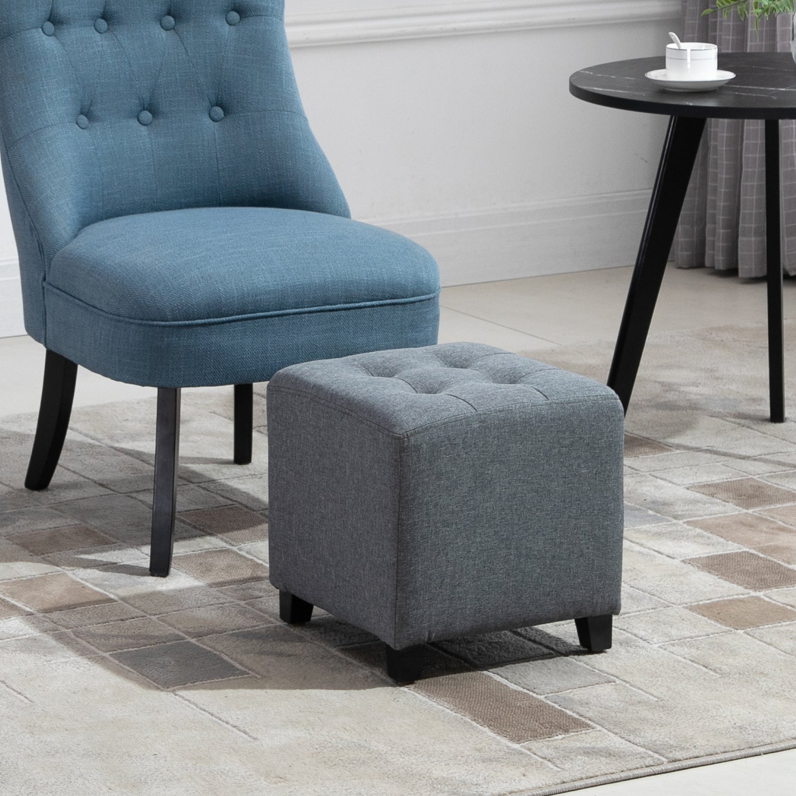 Linen-look Square Ottoman Footstool Button Tufts Wood