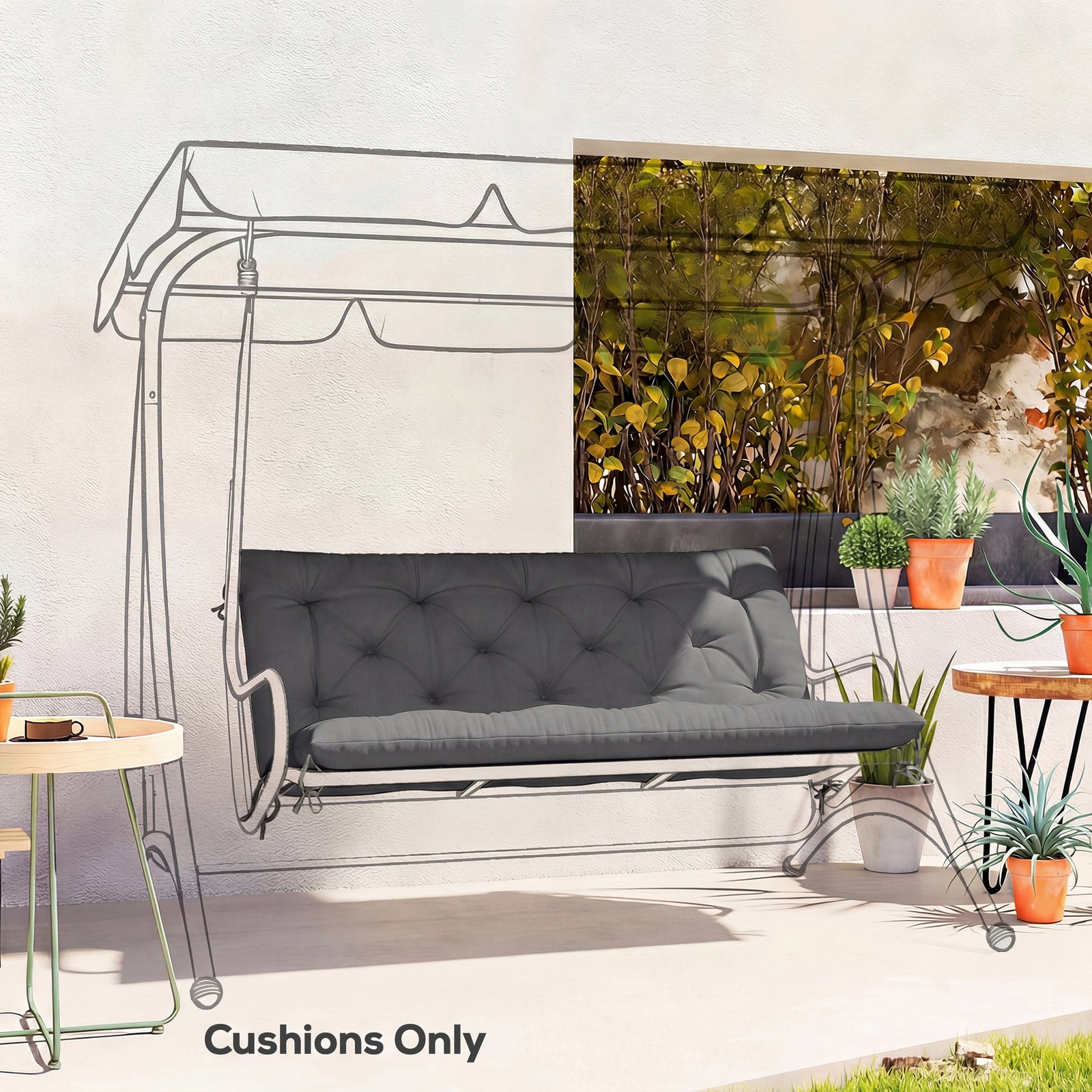 Garden Bench Cushion, Seat Pad With Ties, Black | Black