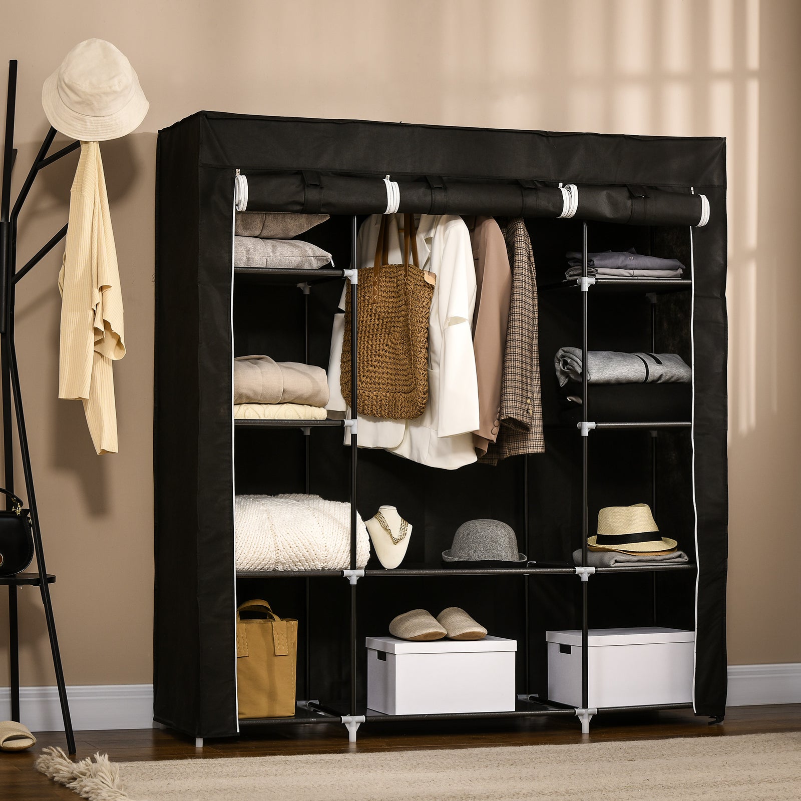 Fabric Wardrobe With 10 Shelves 1 Hanging Rail Foldable