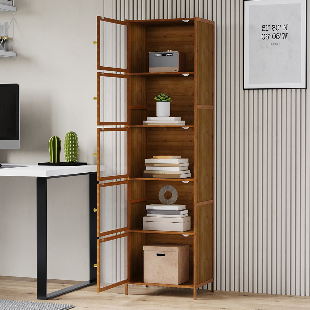 Versatile 5-tier Storage Cabinet With Transparent Doors,bamboo & Mdf Freestanding Organizer For Small Spaces