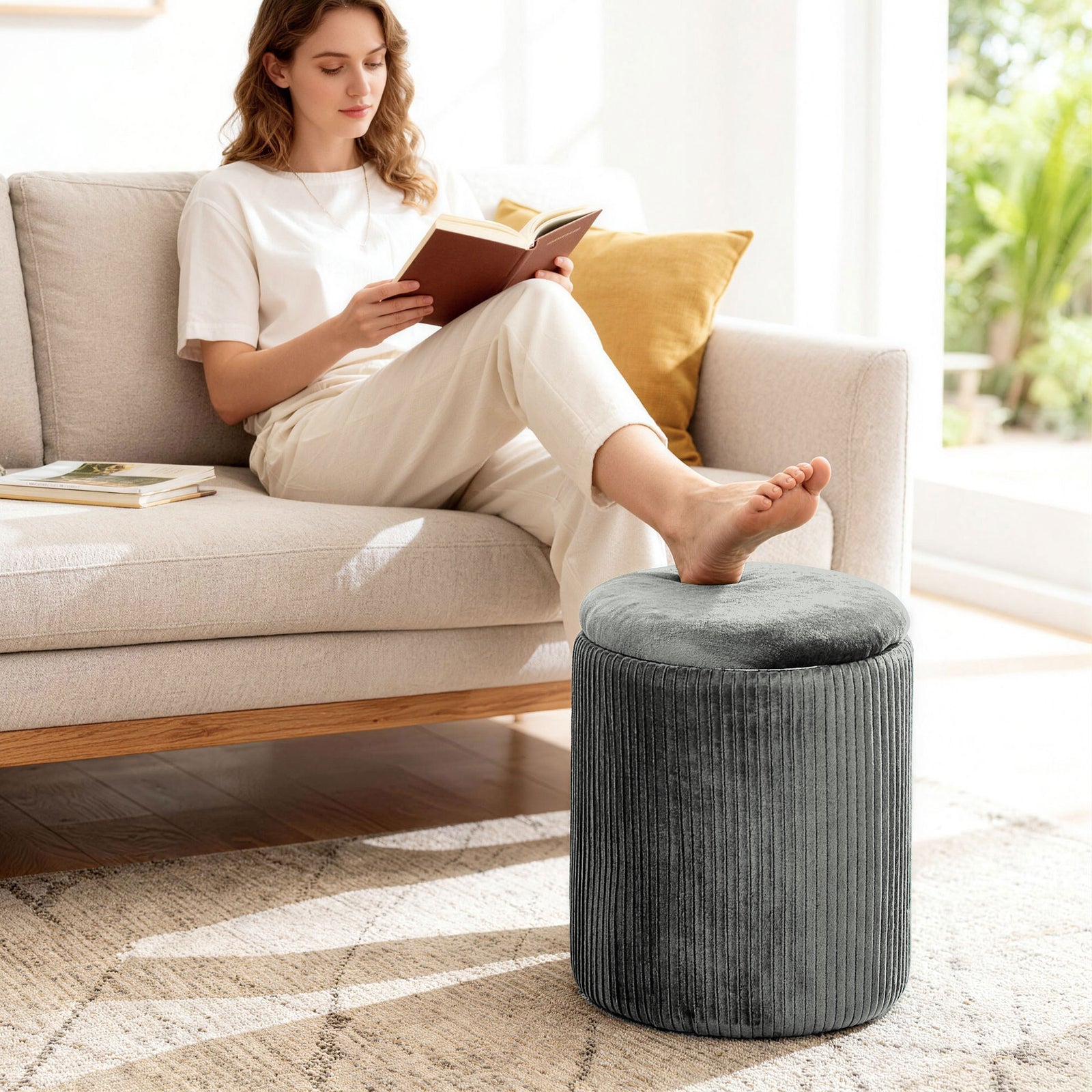 Round Storage Ottoman With Removable Top | Grey