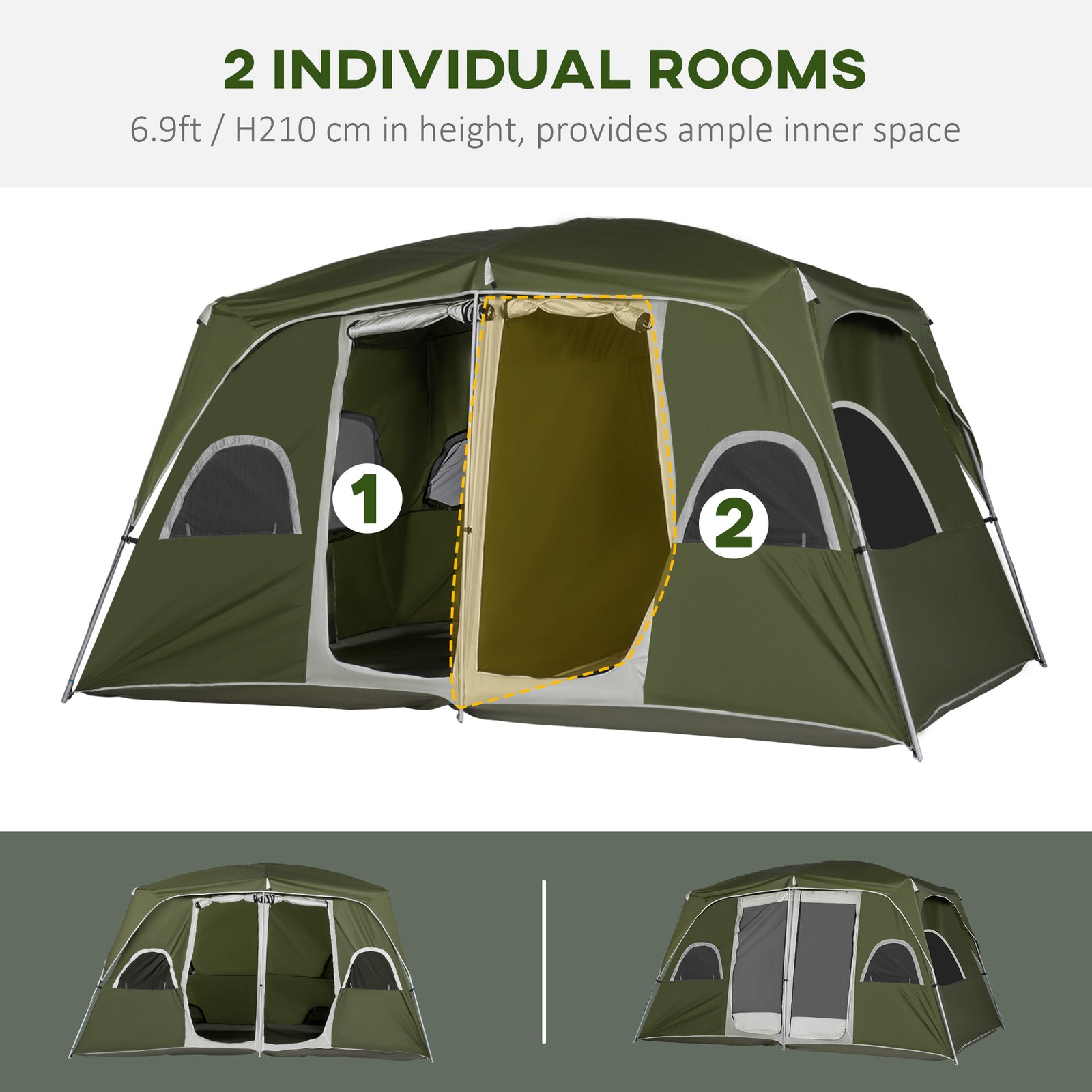 Camping Tent, Family Tent 4-8 Person 2 Room Easy Set Up | Green