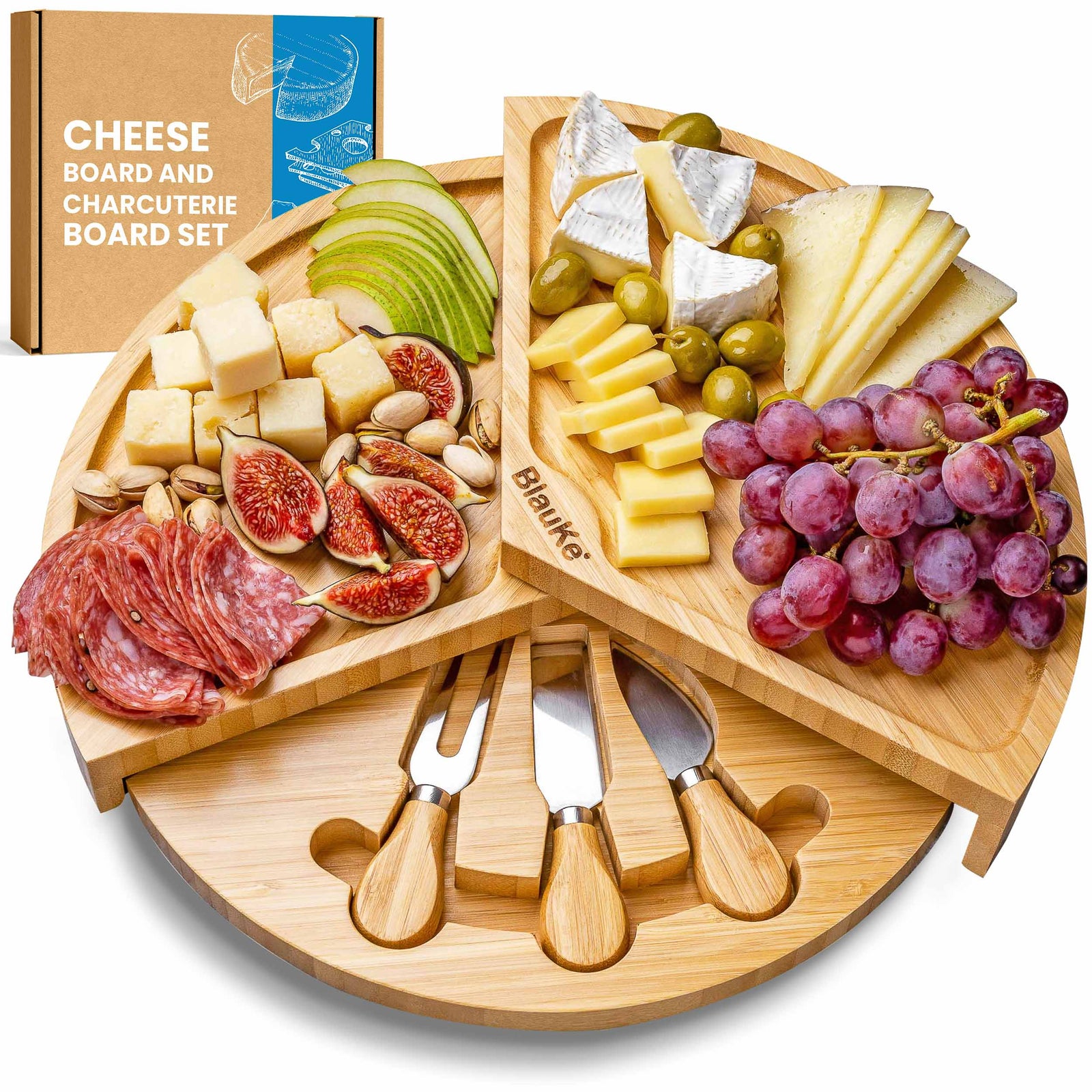 BlauKe Bamboo Cheese Board And Cheese Tool Set - 37cm Round Charcuterie Board With Slide-out Drawer - Wooden Cheese Board Gift Set