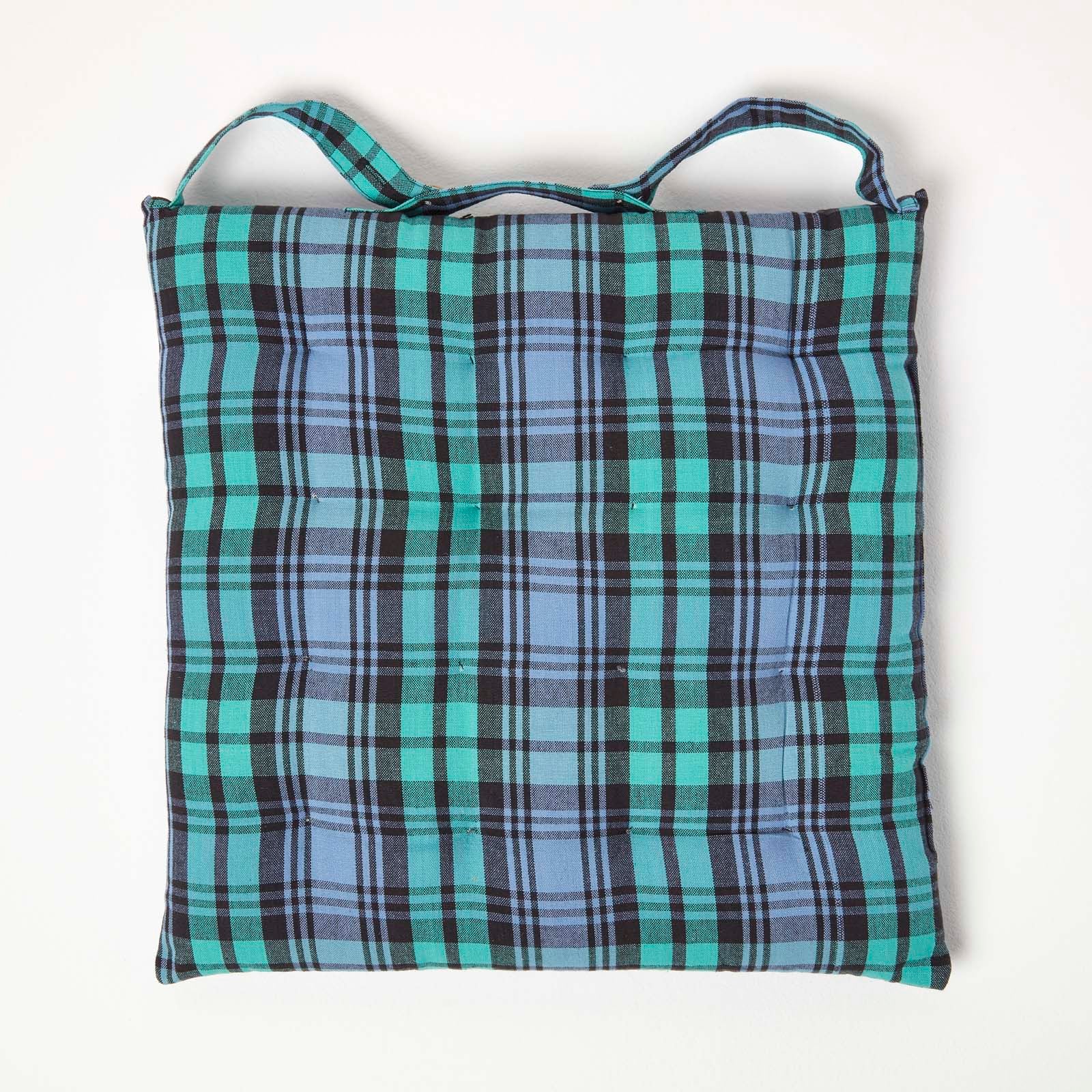 Tartan Check Seat Pad With Button Straps 100% Cotton, 40 X 40 Cm | Set-of-4 | Blackwatch