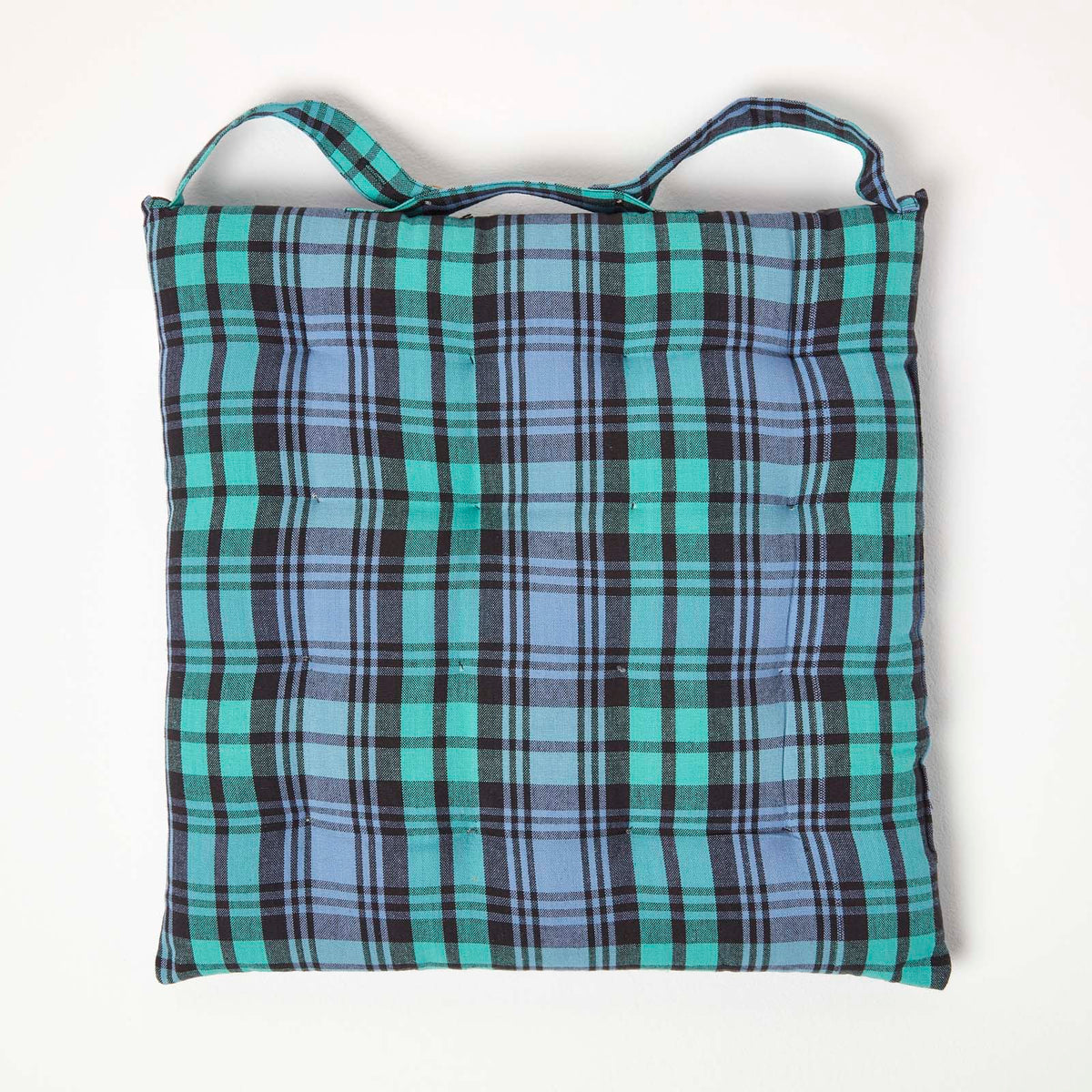 Tartan Check Seat Pad With Button Straps 100% Cotton, 40 X 40 Cm | Set of 4 | Blackwatch