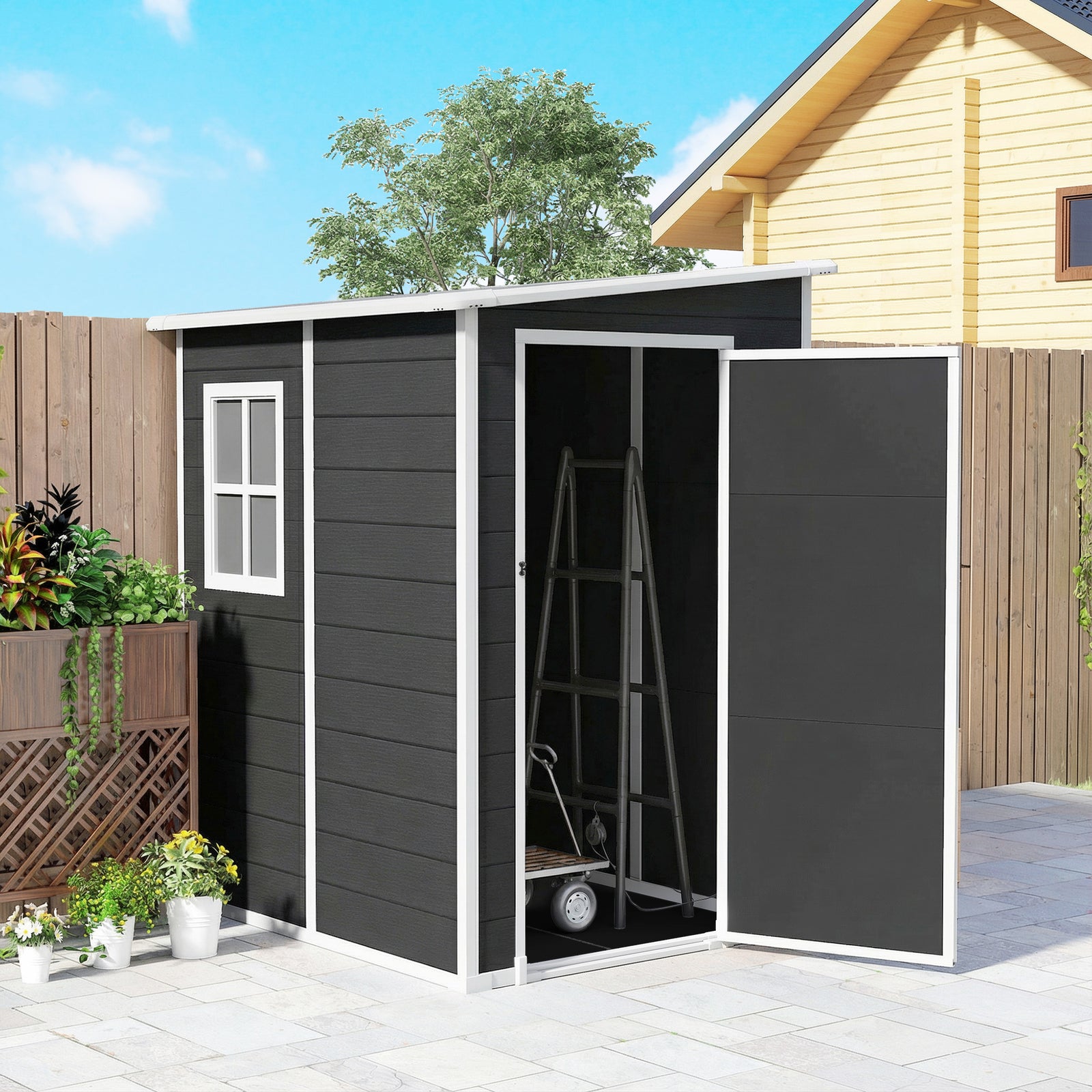 Lean To Garden Shed, Plastic Tool Storage House W/ Lockable Door | Black