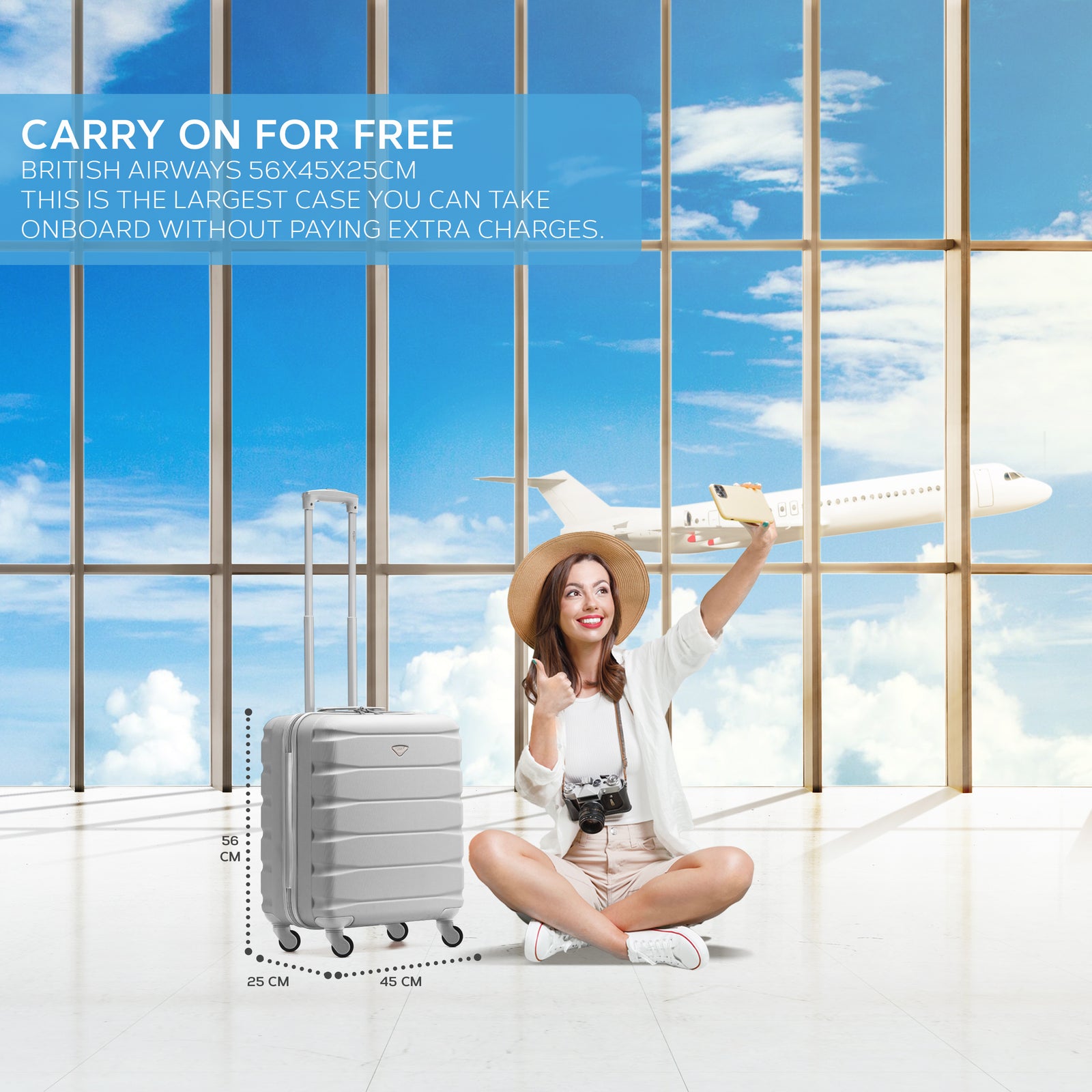 56x45x25cm Large Cabin Carry On Case - Overhead Luggage Suitcase - 4 Spinner Wheels - Abs Shell | 56 x 45 x 25cm | Silver