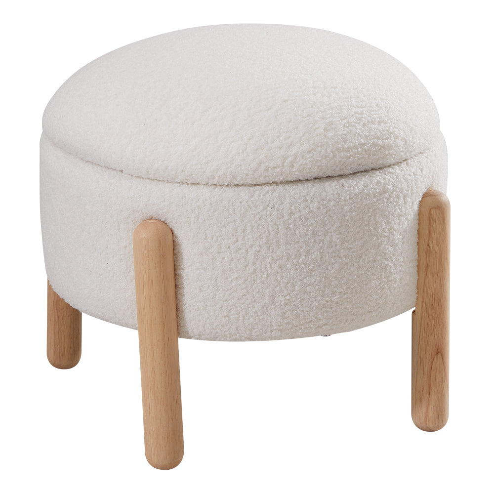 Beige Teddy Fur Upholstered Round Storage Ottoman Footrest