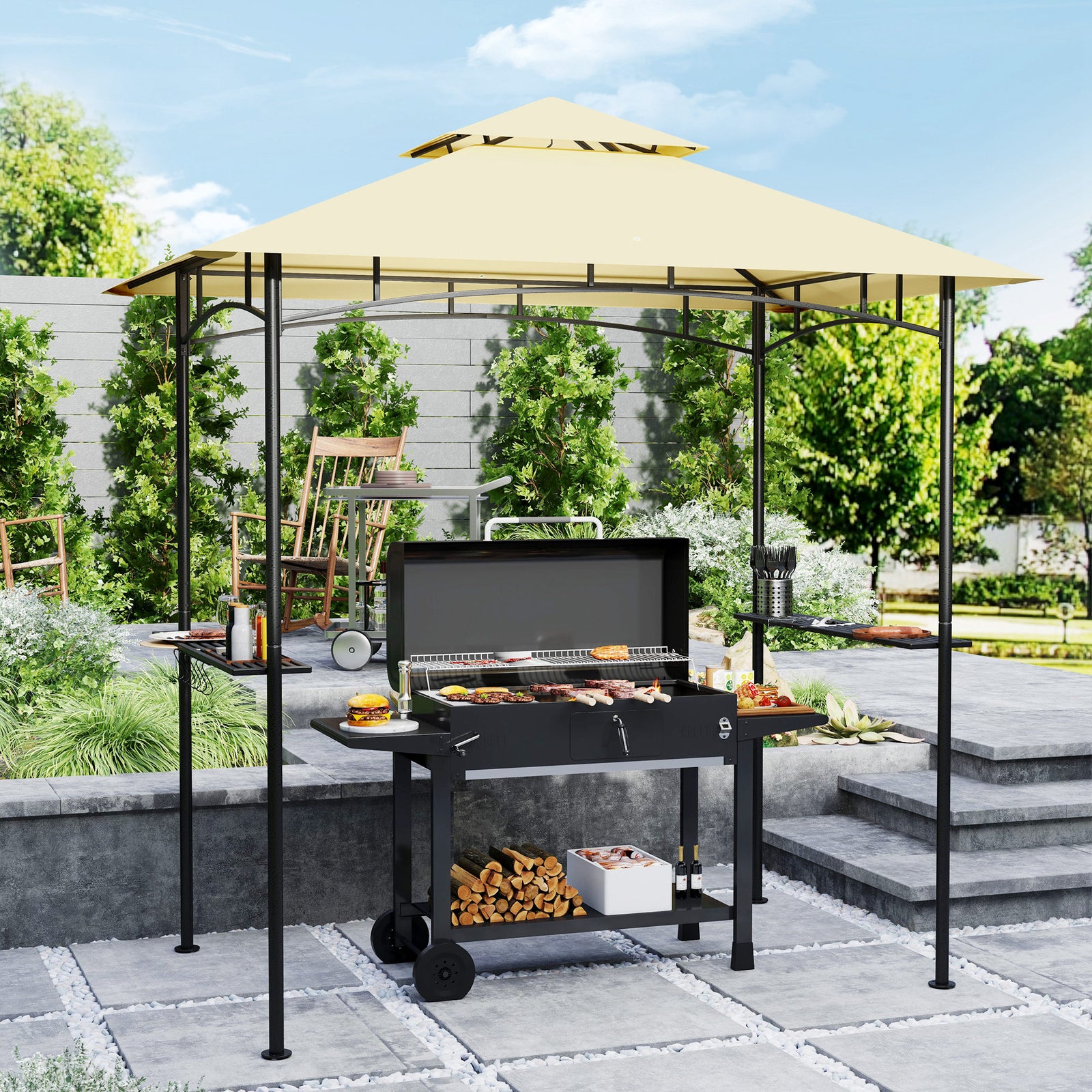8' X 5' Grill Gazebo, Double Tiered Outdoor Bbq Shelter | Beige