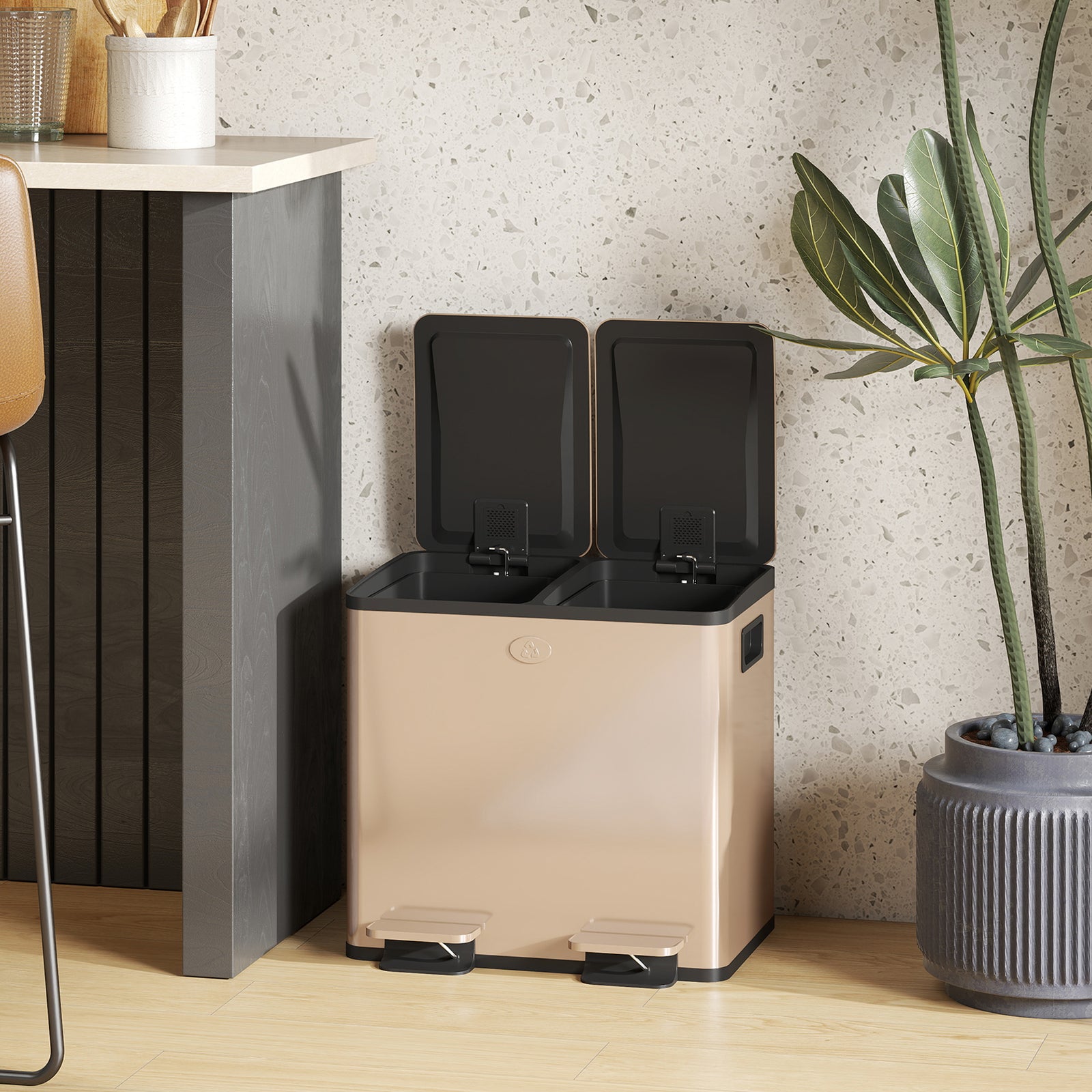 2 X 15l Dual Kitchen Bin Pedal Bin For Recycling And Waste | Gold