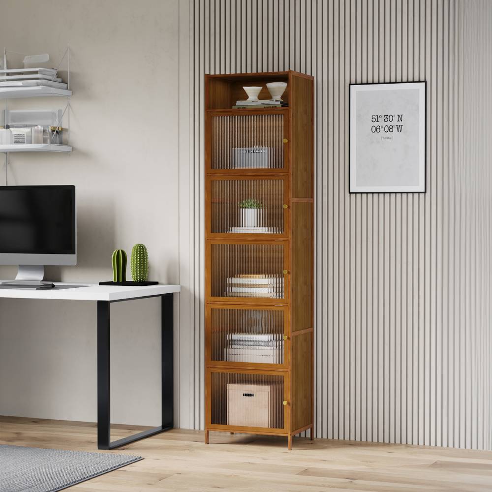 Versatile 6-tier Storage Cabinet With Transparent Doors,bamboo & Mdf Freestanding Organizer For Small Spaces