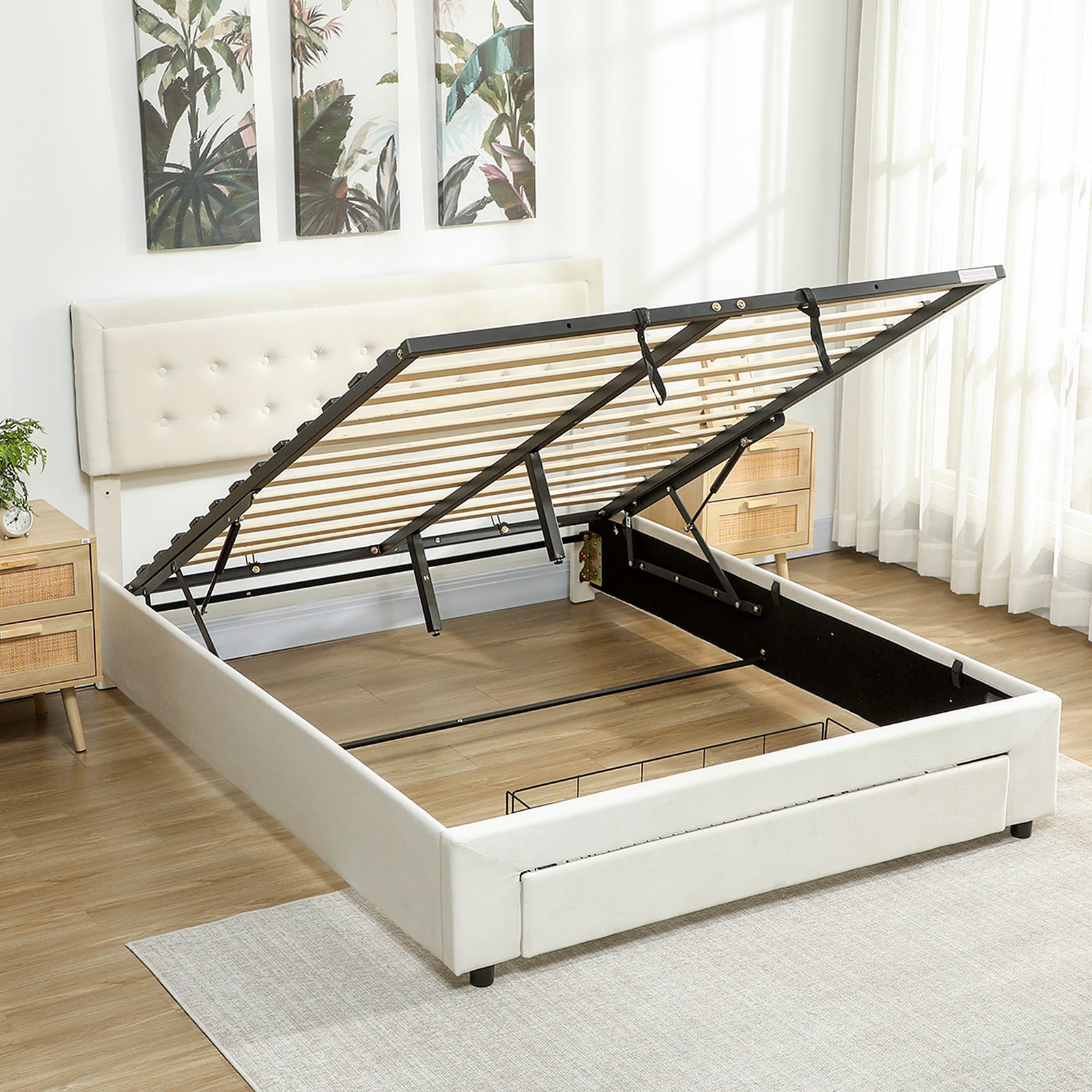 King Size Bed Frame With Storage And Adjustable Headboard | Cream