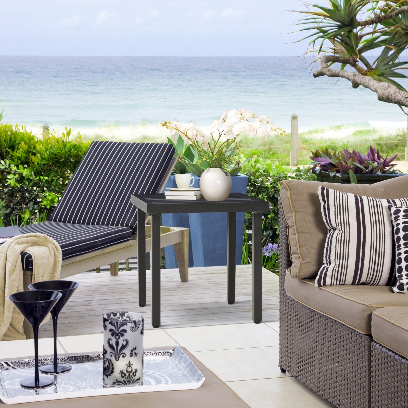 Patio End Table With Umbrella Hole And Steel Frame | Black