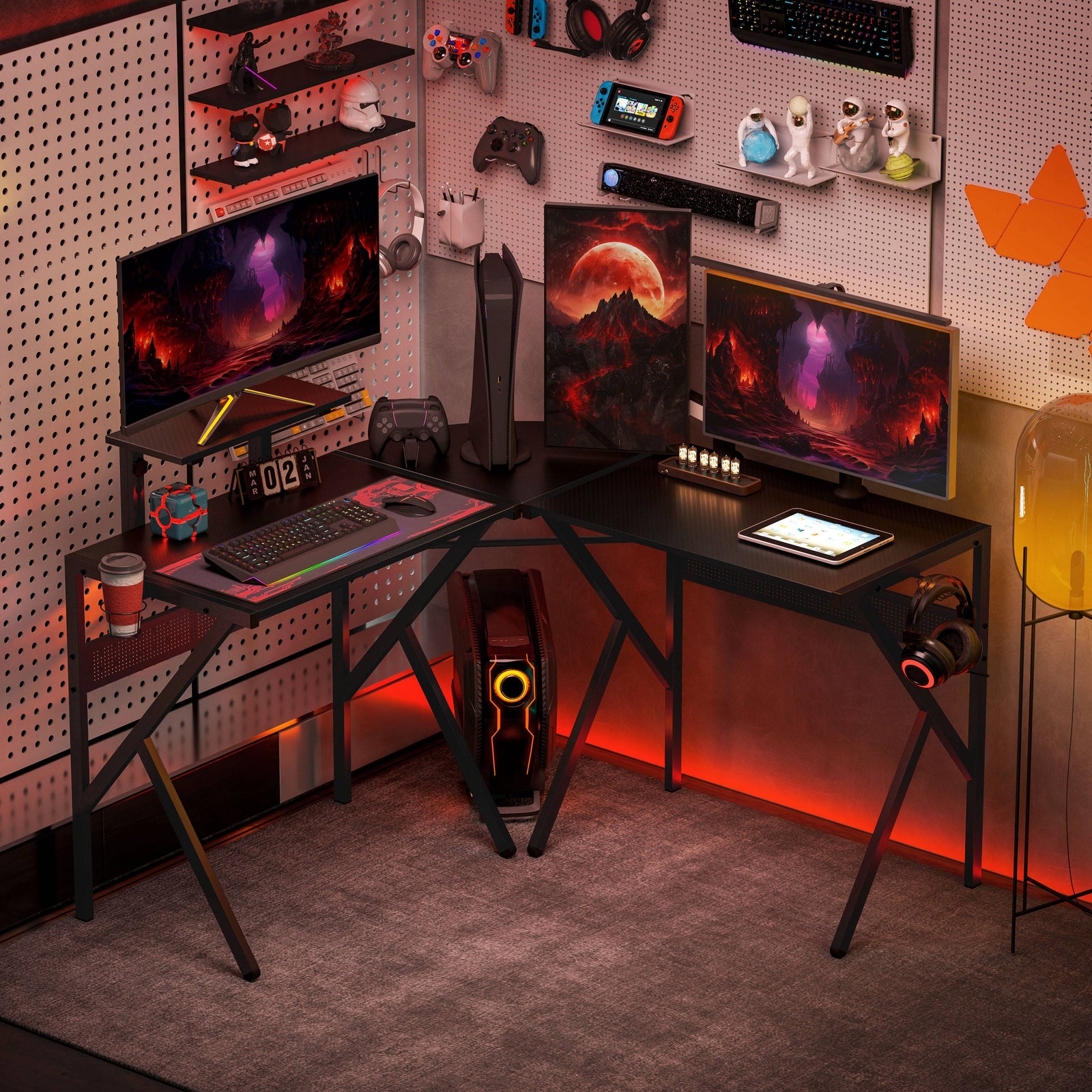 Corner Gaming Desk W/ Monitor Stand Cup Holder | Black
