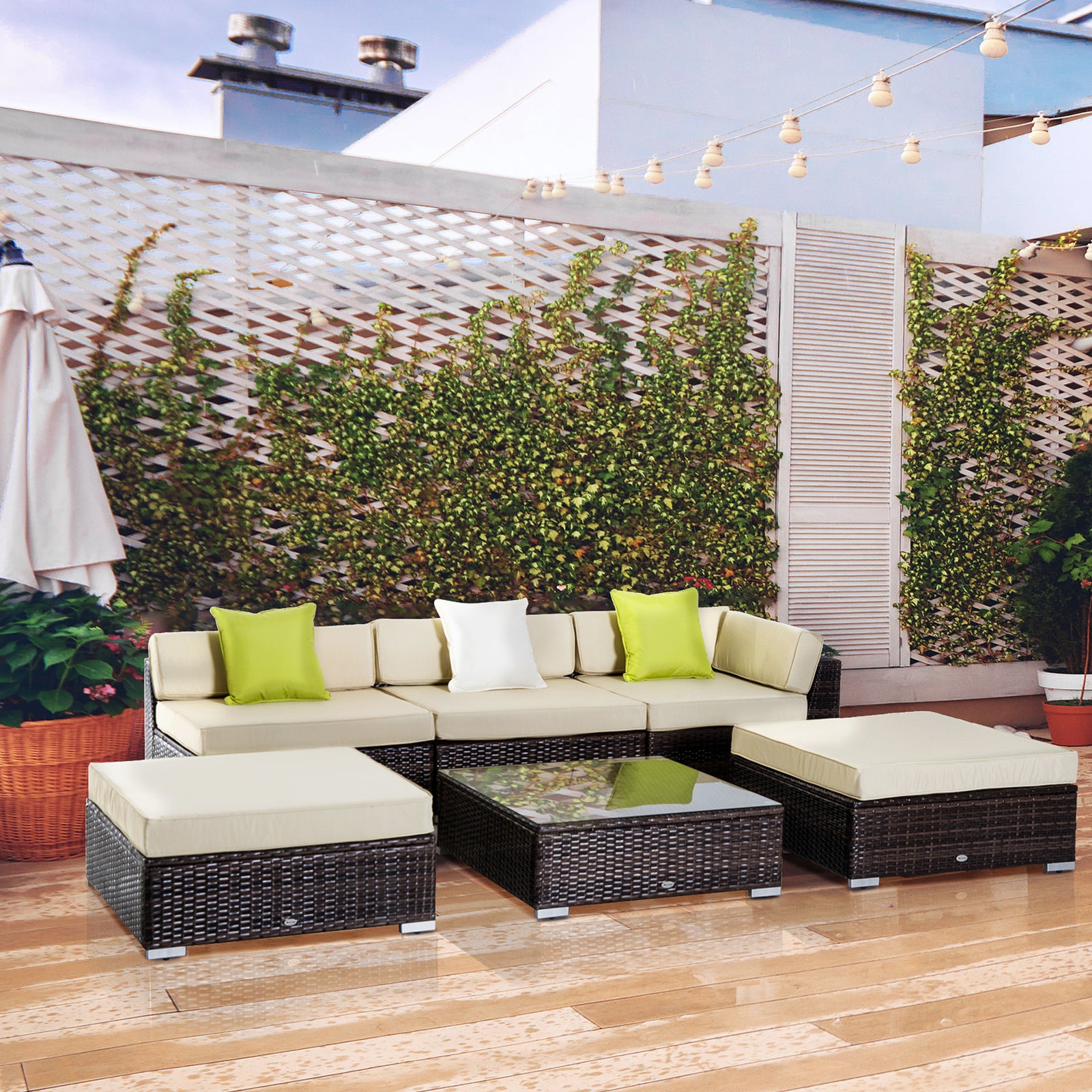 6 Pcs Garden Rattan Sofa Set Sectional Wicker Coffee Table | Brown