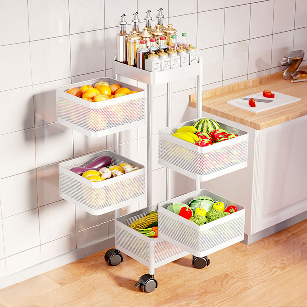 5-tier Rotating Kitchen Storage Cart Square White Organizer Shelf Trolley With Wheels