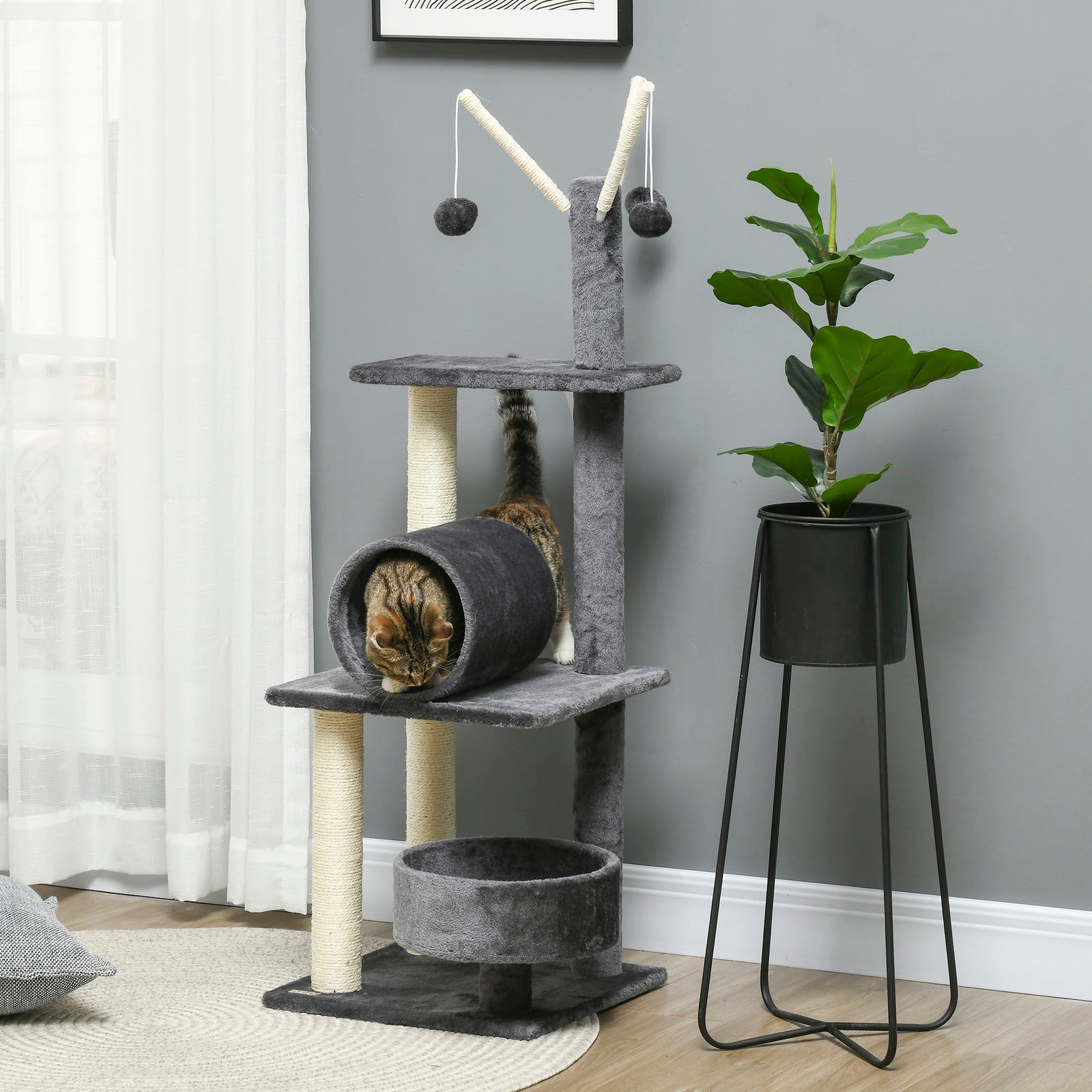 121cm Cat Tree Tower W/sisal Scratching Posts Bed Tunnel Perch | Dark Gray