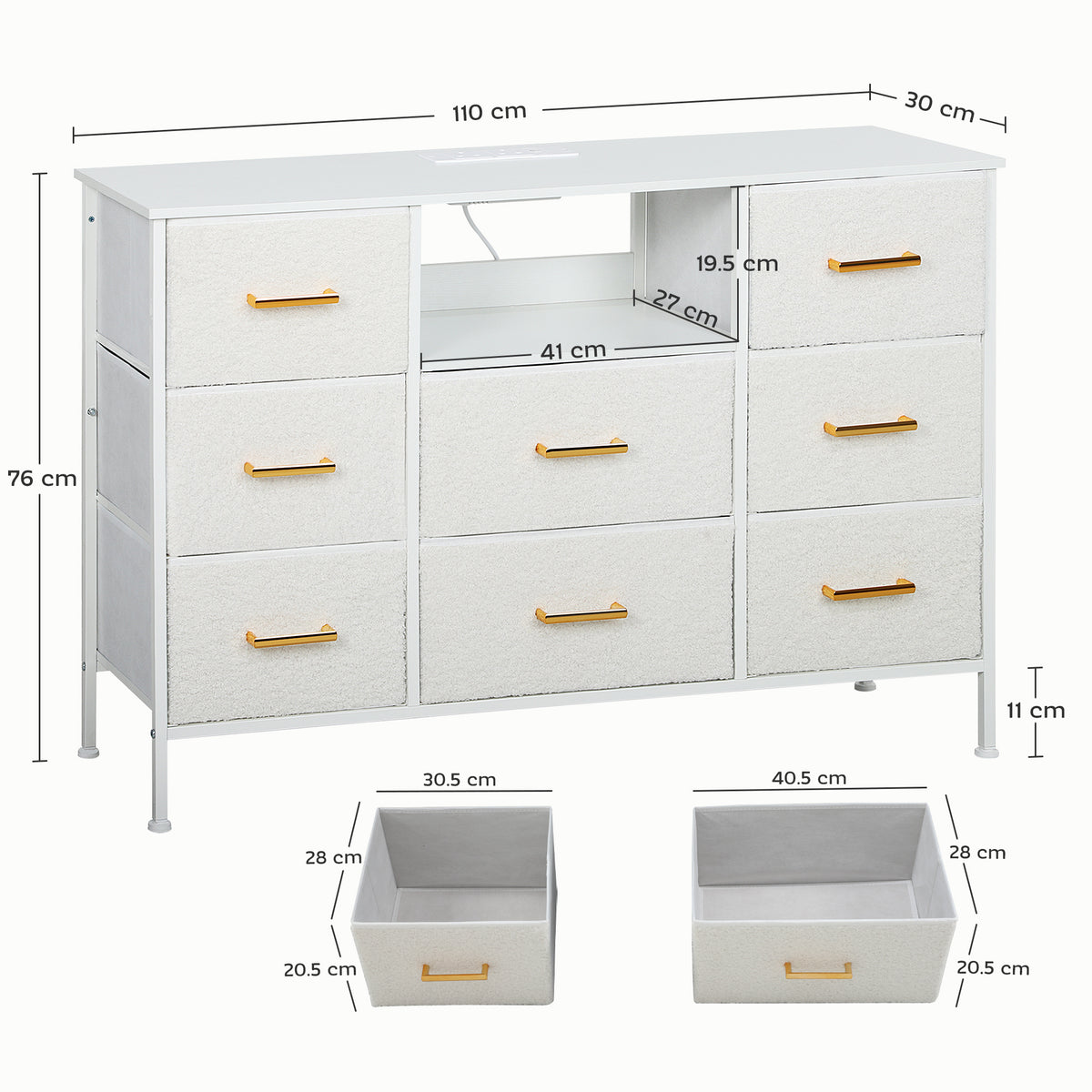 HOMCOM Boucle Chest Of Drawers, 2 Usb & 2 Ac Ports, 8 Drawers Dresser