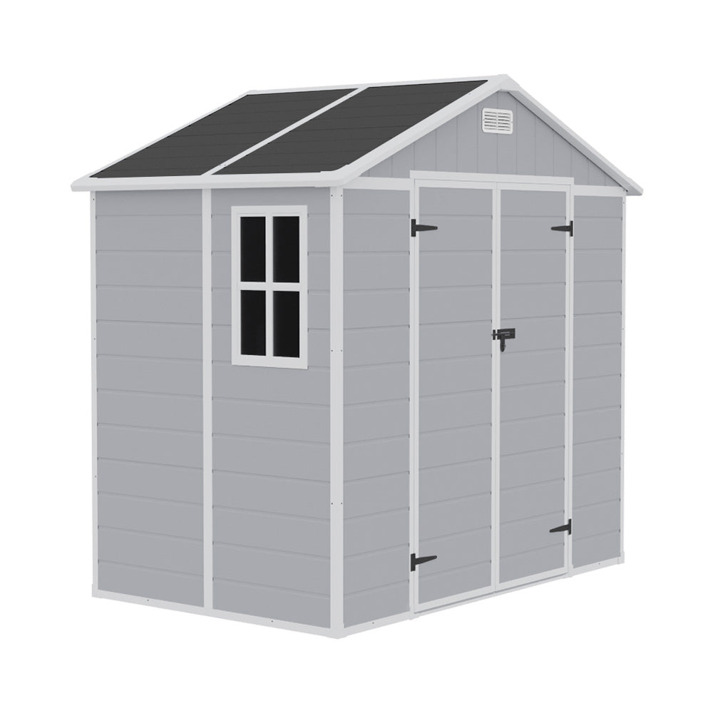 Outdoor Plastic Tool Shed With Apex Roof & Floor, Double Doors, Ventilation & Window, Lockable Backyard Storage House | 8x4ft | Grey