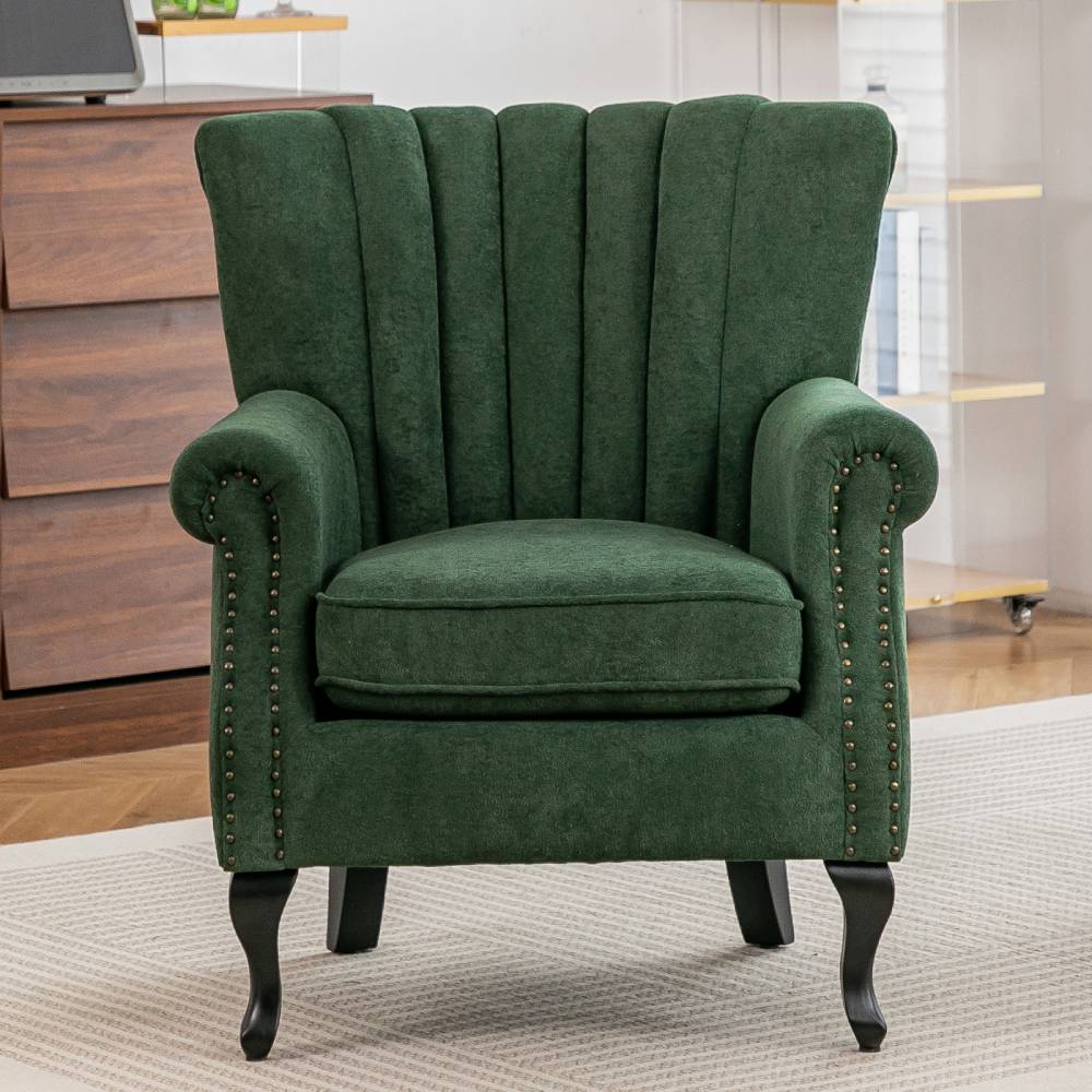 Elegant Chenille Armchair With Rubberwood Legs | Green