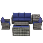 6 Pcs Patio Rattan Sofa Set Conversation Furniture | Blue