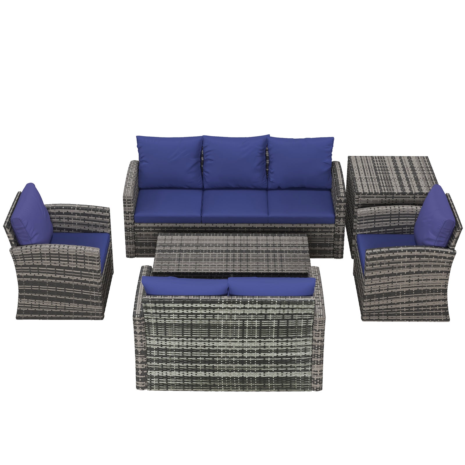 6 Pcs Patio Rattan Sofa Set Conversation Furniture | Blue