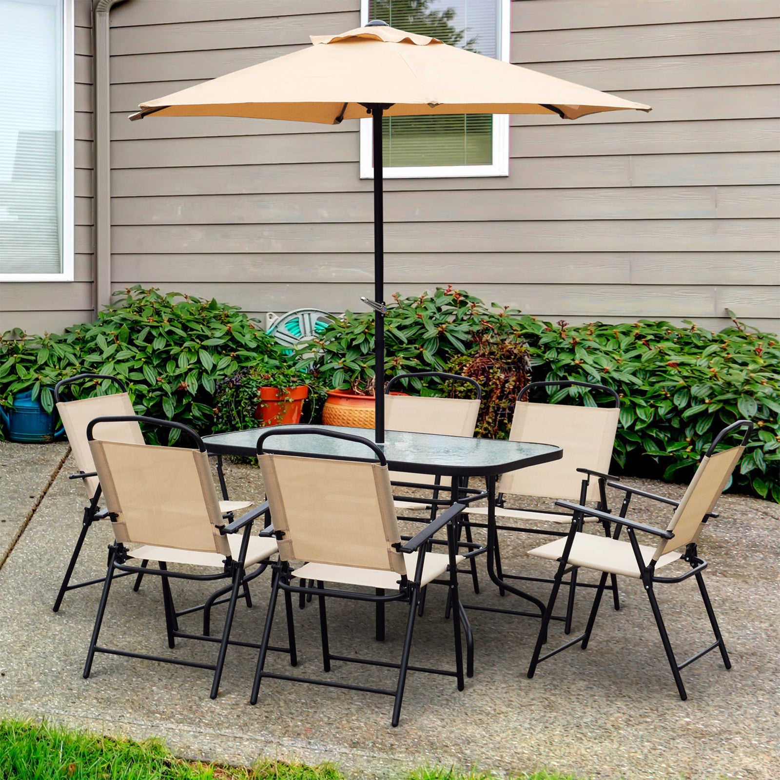 8 Pieces Dining Set Foldable Chair Table Parasol