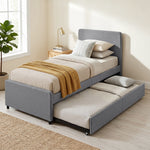 90 X 190 Cm Upholstered Single Bed, Pull Out Trundle Bed | Dark Grey