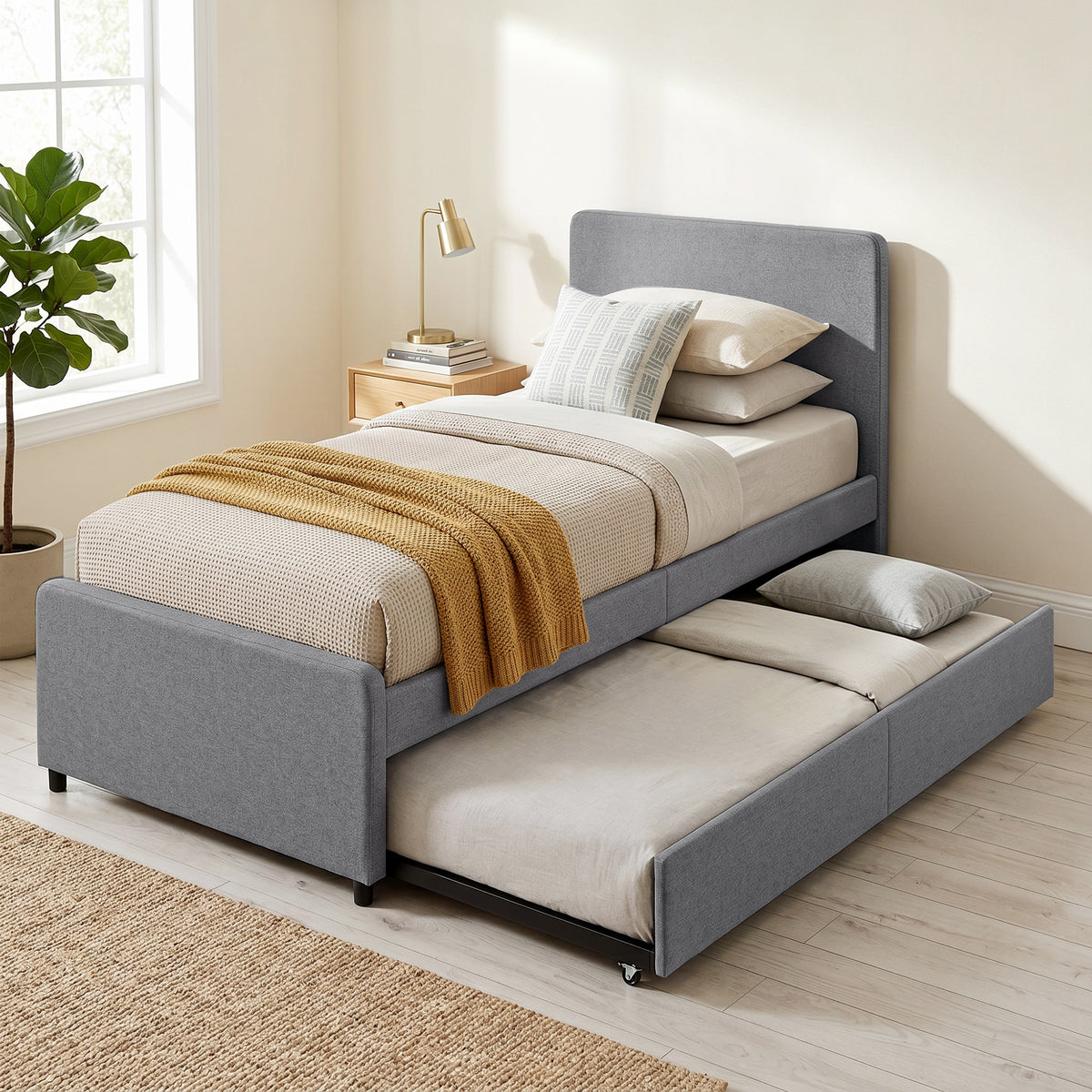 90 X 190 Cm Upholstered Single Bed, Pull Out Trundle Bed | Dark Grey