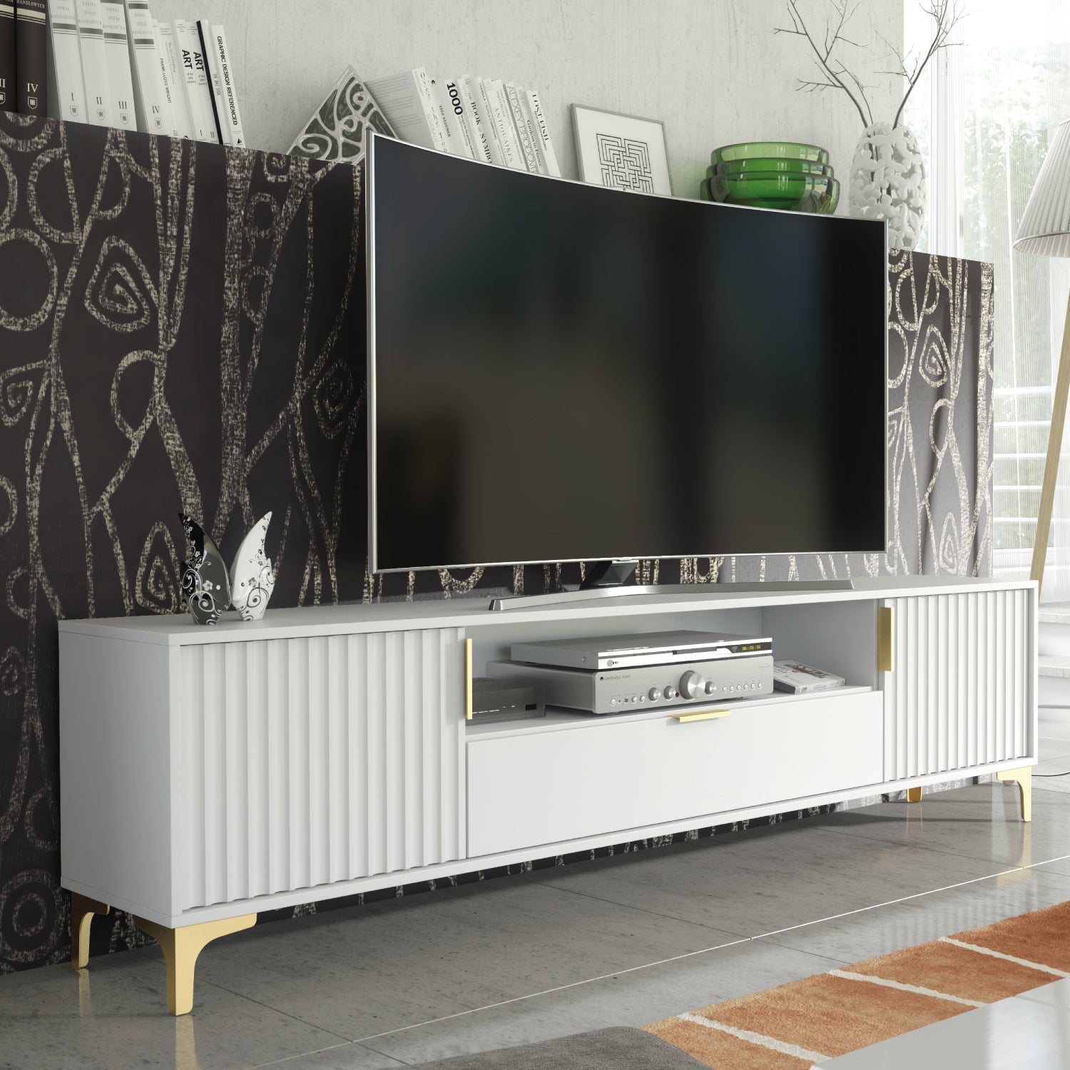 Tide Crest Gold Tv Unit 200cm - Fluted Design | White