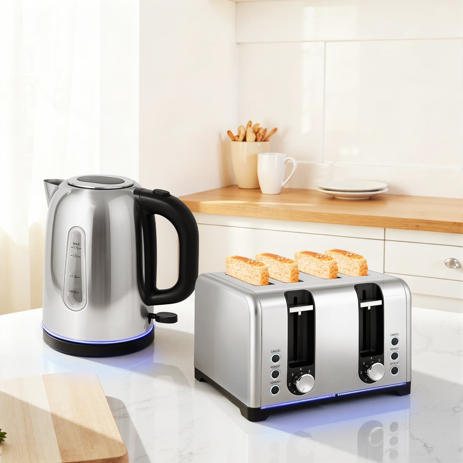 4 Slice Wide Slot Toaster And 1.7l Rapid Boil Kettle Set | Silver