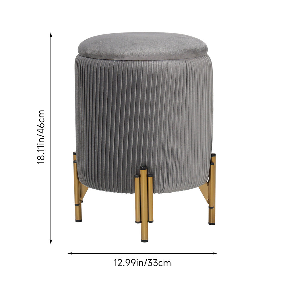 Modern Round Pleated Storage Ottoman With Metal Legs 33cm Dia X 46cm H | Grey