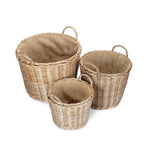 Chestnut Finish Wicker Round Lined Log Basket | Set of 3 | Natural