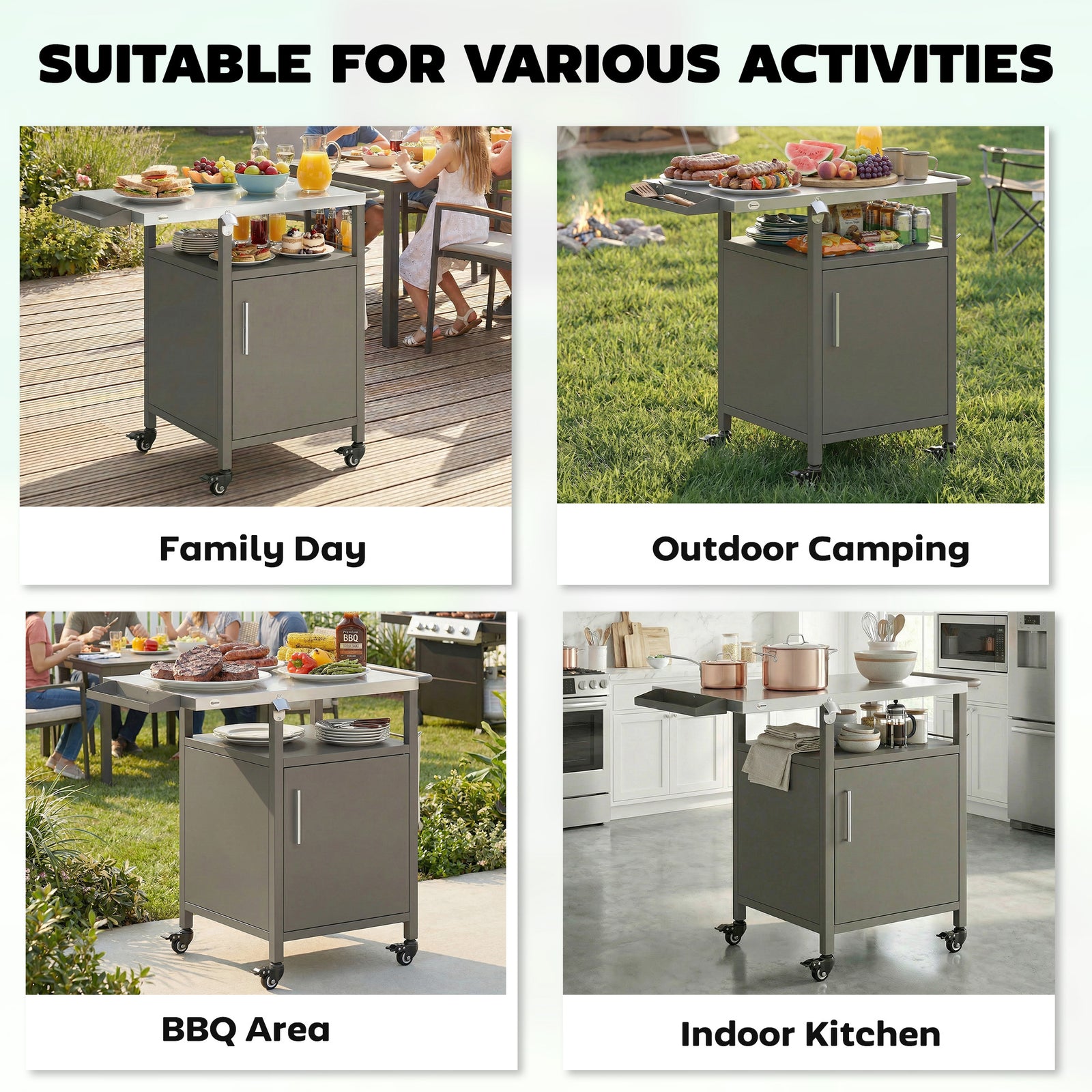 Outsunny Outdoor Grill Cart With Cabinet, Food Prep Table On Wheels, Brown