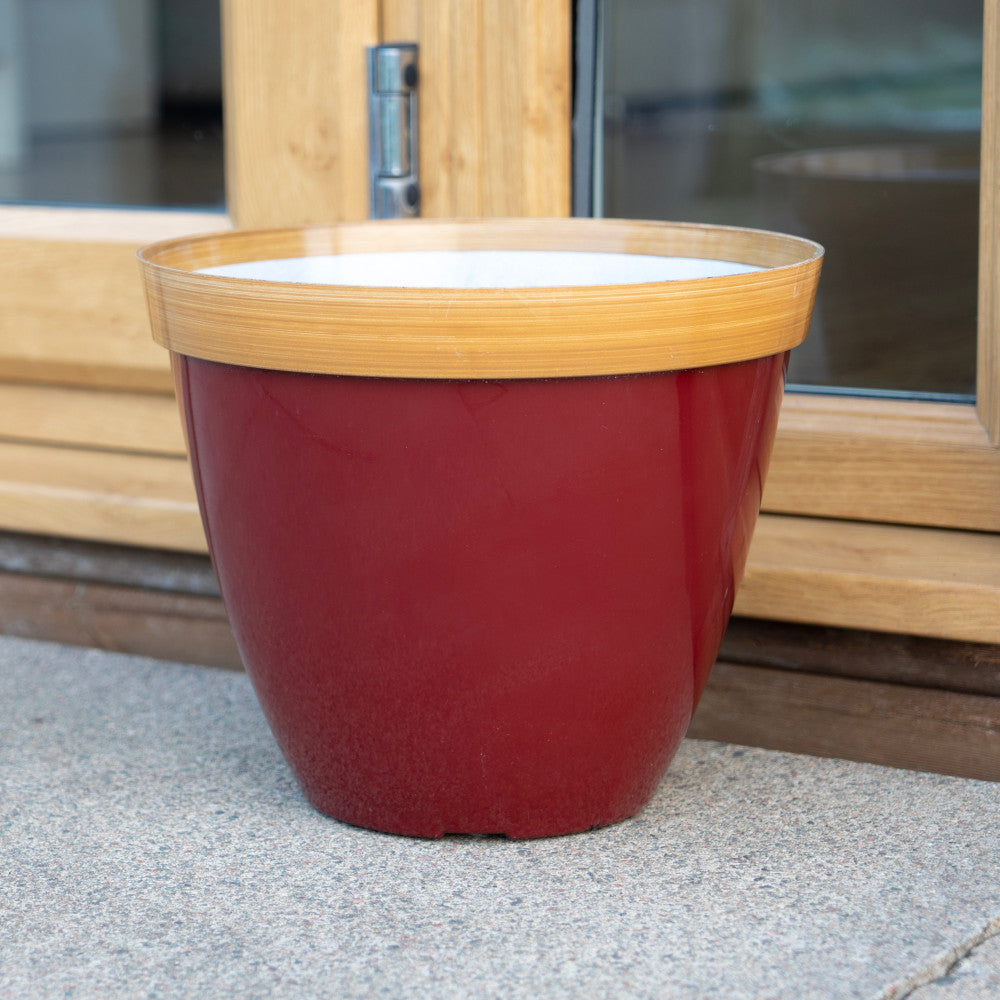 Hayloft Provence Planter In Red With Bamboo Effect Rim -Set of 2, Made From 100% Recycled Plastic