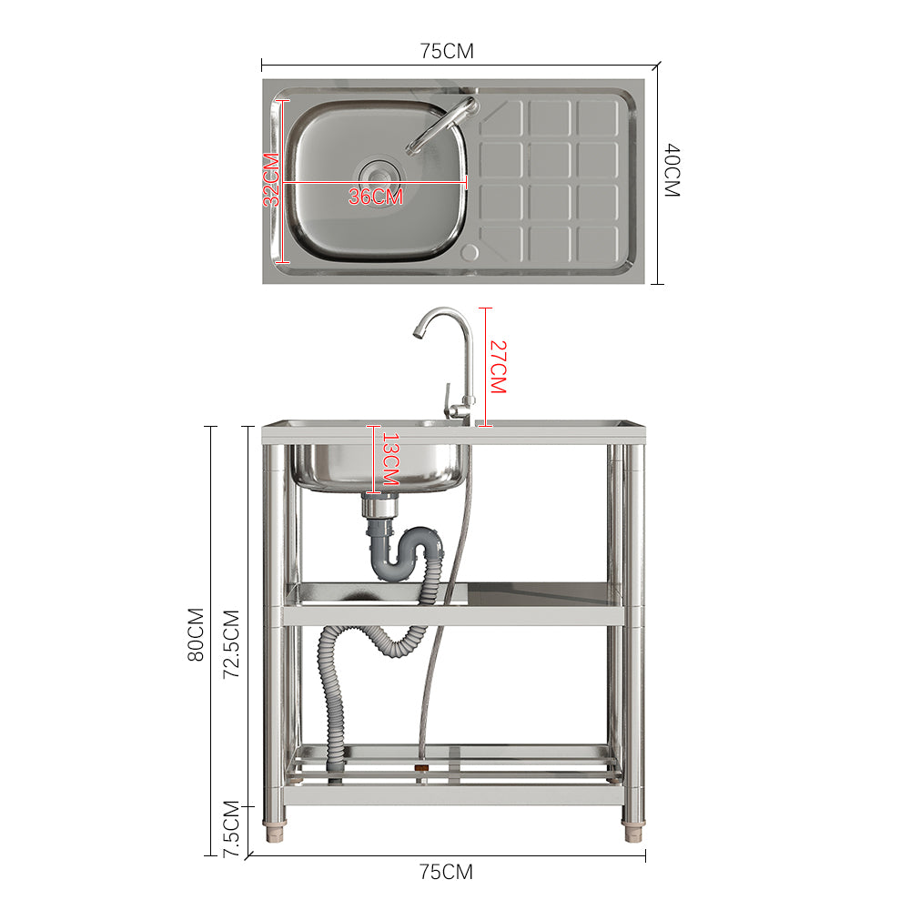 75cm W X 40cm D X 80cm H Bathroomdeco Stainless Steel One Compartment Sink With Shelves And Drainboard