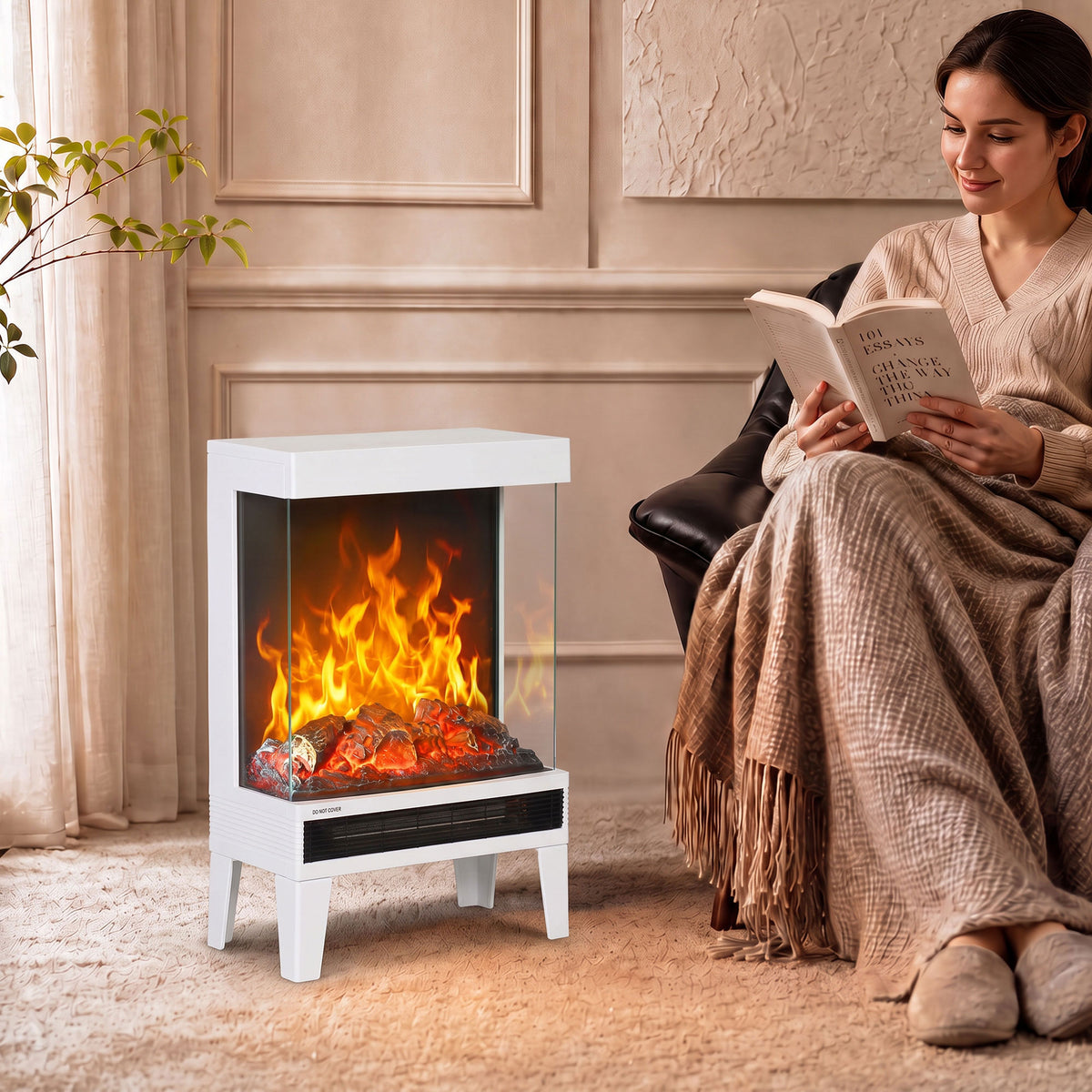 Freestanding Stove With Led Flame Effect, White