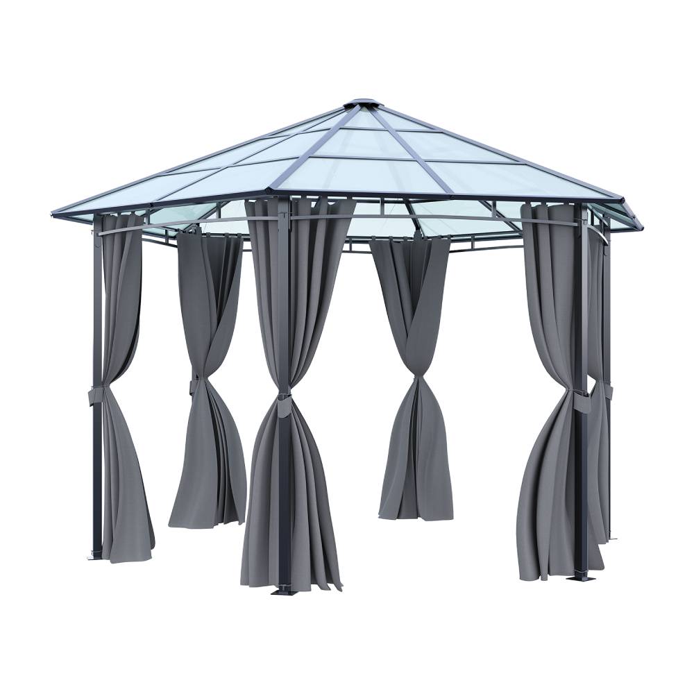 Hexagon Hardtop Gazebo With Curtains, 3.8m Outdoor Metal Frame Pavilion With Semi-transparent Pc Roof For Garden & Patio