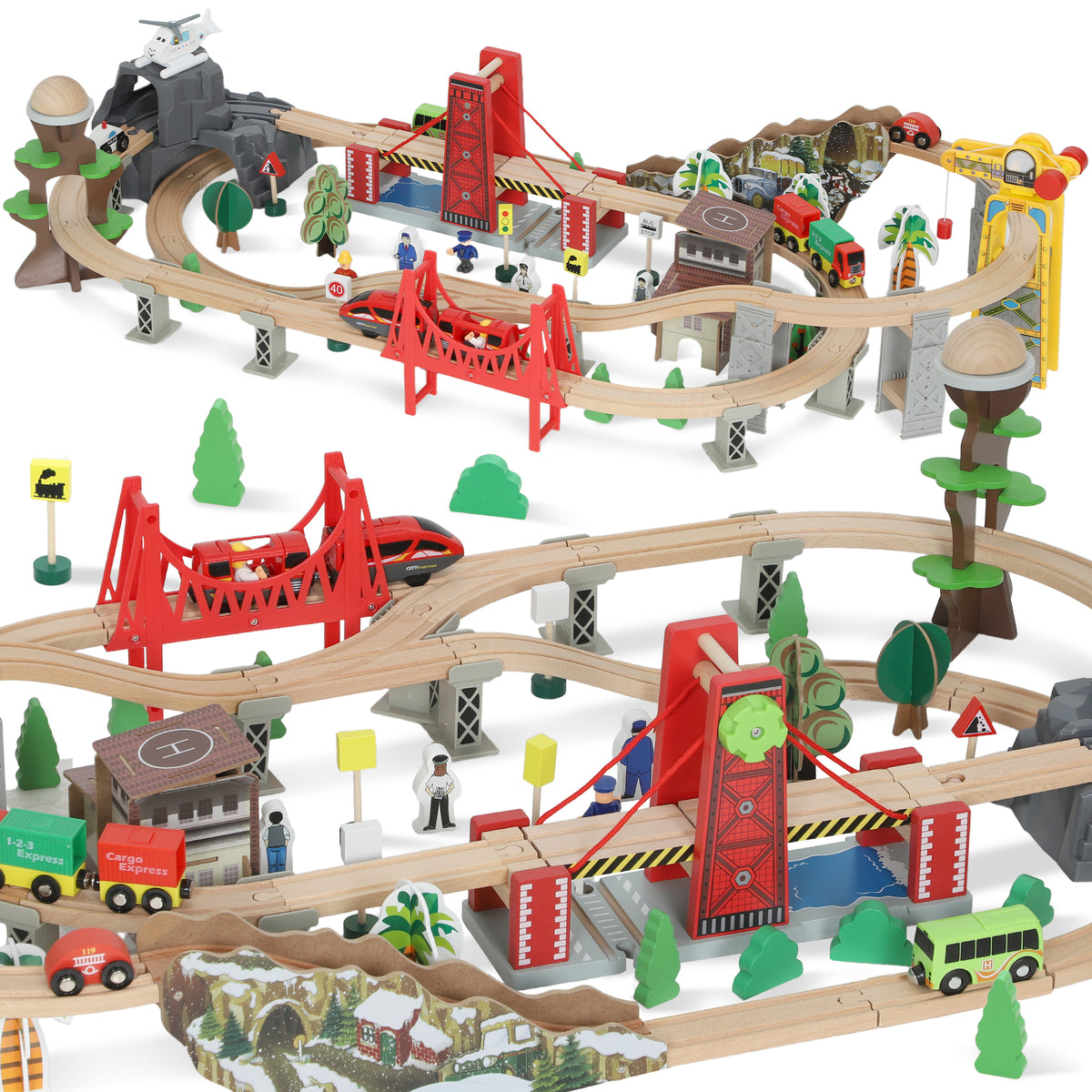 AIYAPLAY Wooden Train Set, 100 Piece Toy Train With Crane For 3+ Years Old