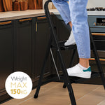 2 Step Ladder Black, Heavy-duty Steel Folding Home Diy Step Stool With Wide Non-slip Steps & Anti Slip Feet 150kg Capacity | 2 Step | Black