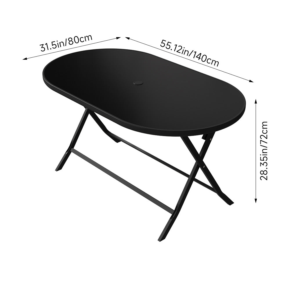 Outdoor Folding Table Black Tempered Glass Top With Umbrella Hole,140m W X 80cm D X 72cm H