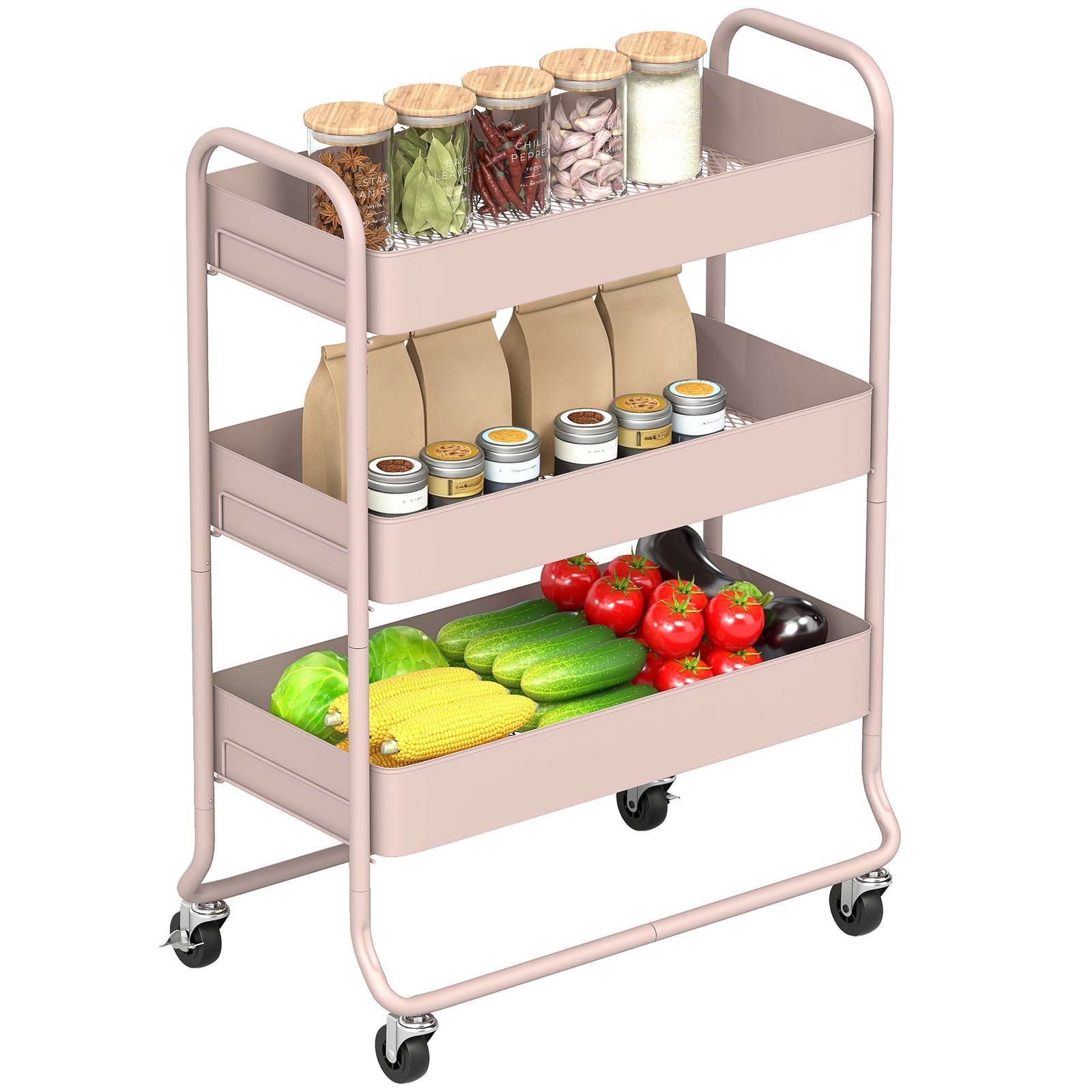3-tier Storage Trolley, Storage Cart With Mesh Backets, Wheels | Pink