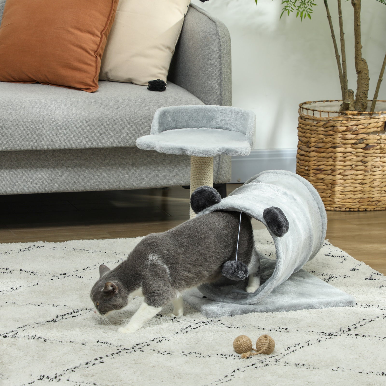 Cat Tree W/ Scratching Post, Bed, Cat Tunnel, Toy Ball | Gray