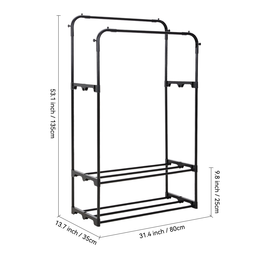 Double Rod Metal Clothes Rack Heavy Duty Garment Organizer With Shelves For Closet Or Bedroom | Black