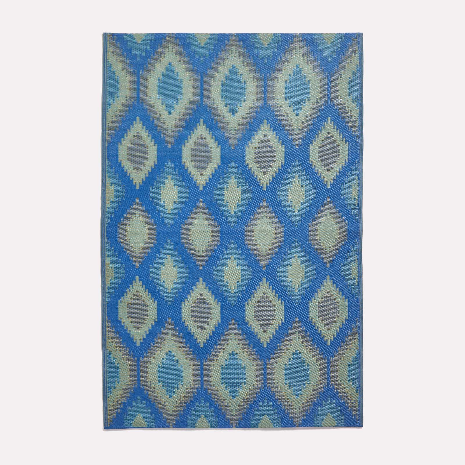 Luxury Outdoor Rug Waterproof Reversible For Garden Patio 100% Recycled, Blue Amber Ikat | 150cm x 240cm | Blue