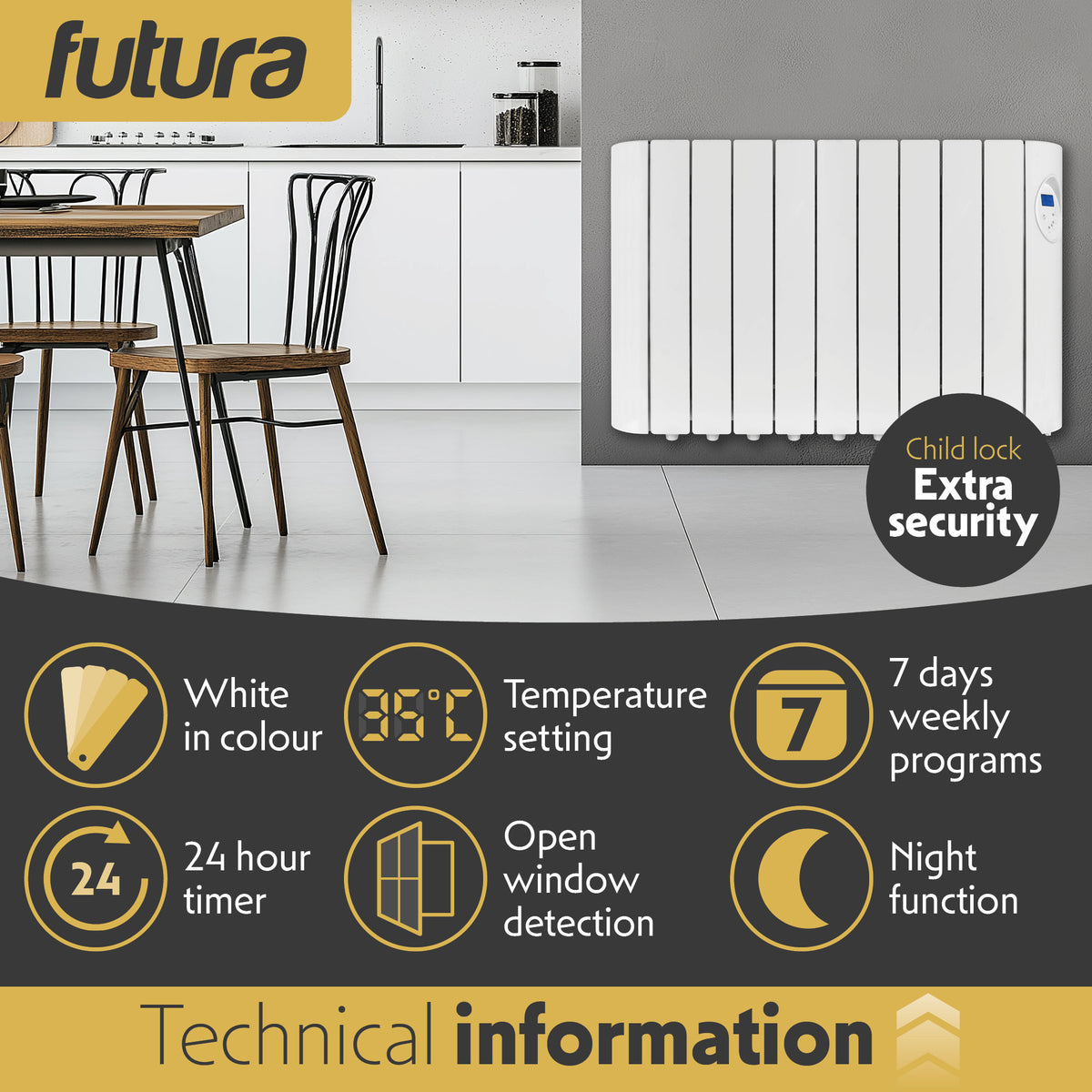 Electric Panel Heater Oil Filled Radiator Day Timer Wall Mounted Low Energy Retention Digital Thermostat Convector | 1800w | White