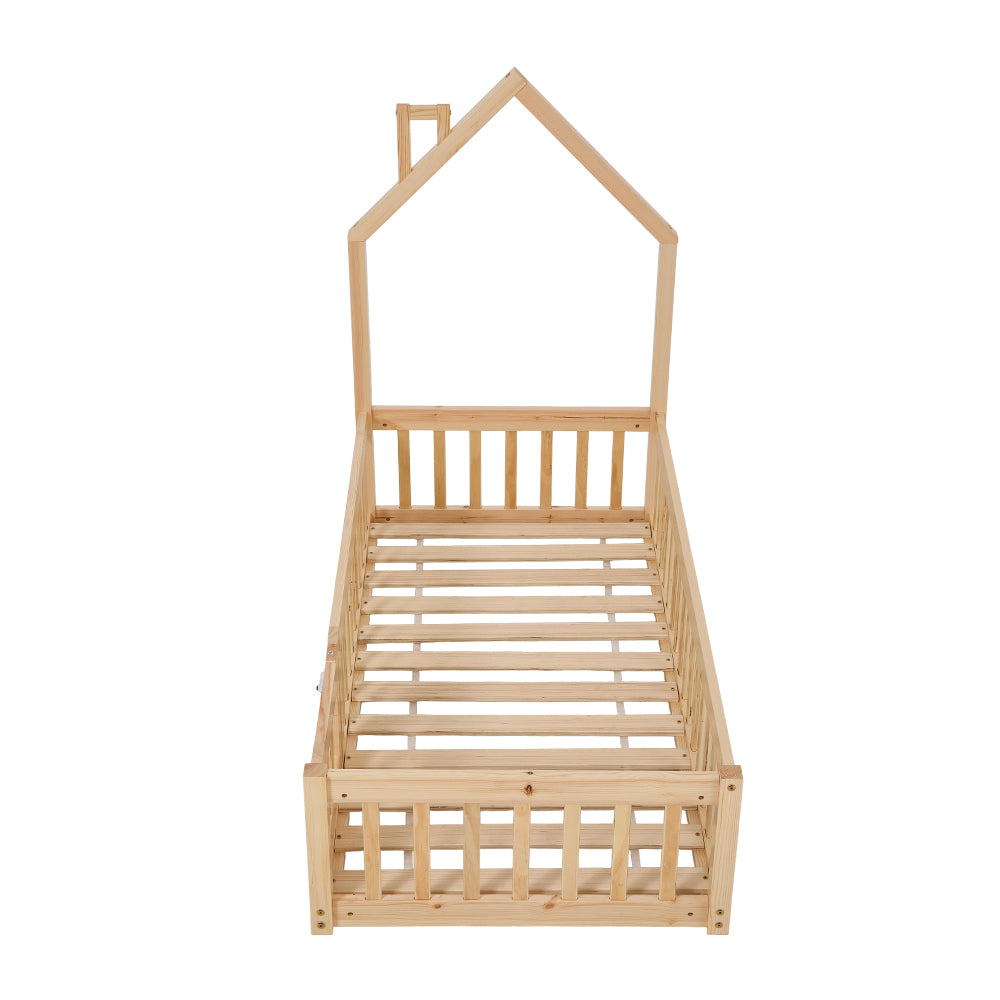 Natural Pine Wood House-140cm X 70cm Shaped Children’s Bed Frame With Guardrails