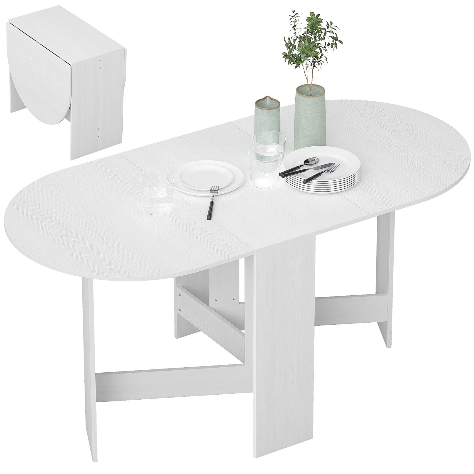 Oval Kitchen Table For Dining Room, Small Spaces, Ash Wood-effect | One Size | White