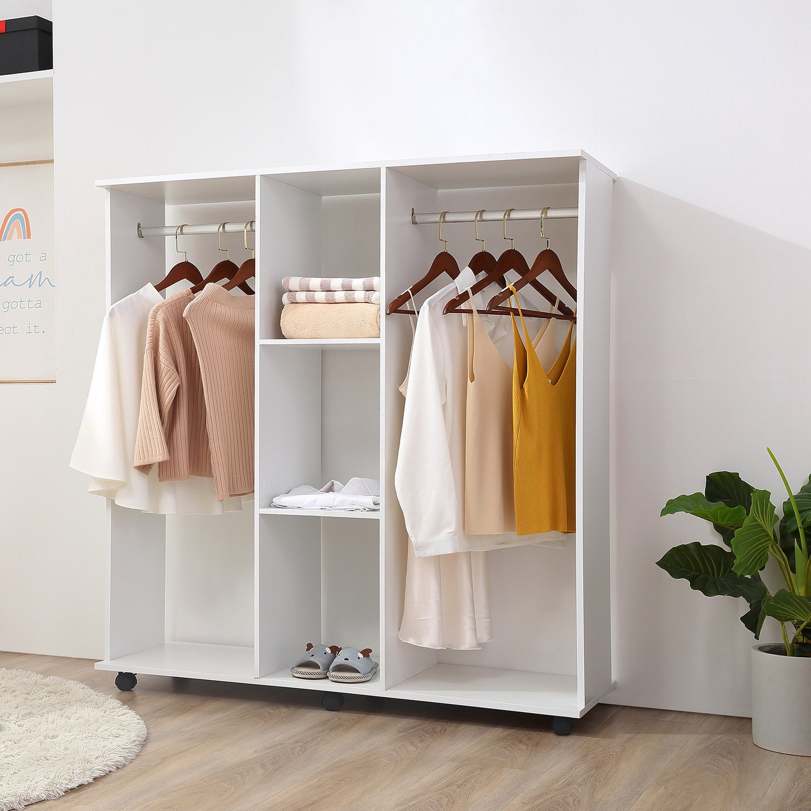 Mobile Double Open Wardrobe W/ Clothes Hanging Rail Colthing | One Size | White
