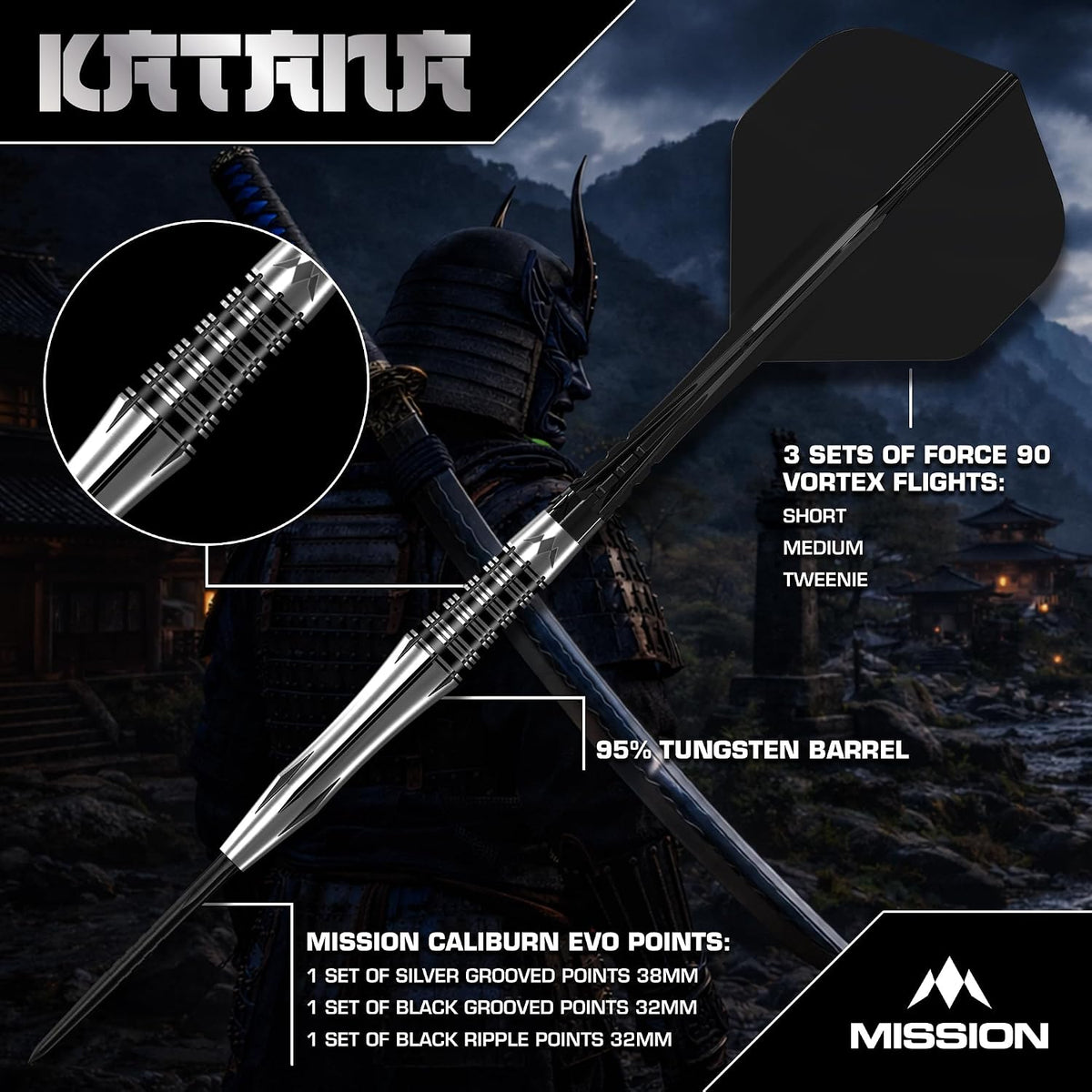 Katana Darts - Steel Tip - 95% Tungsten | 24g | Black
